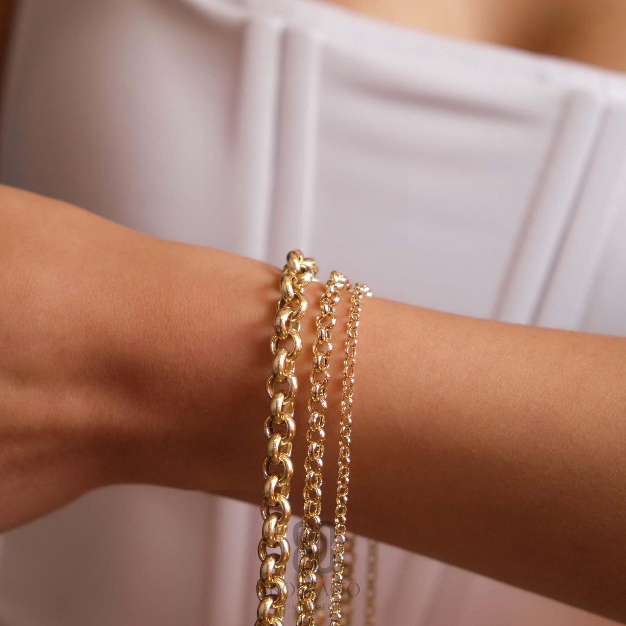 14K Gold Rolo Chain Bracelet, 3mm 4mm 7mm Thick Rolo Link, Belcher Chain Bracelet, Round Gold Bracelet, Unisex Gift Jewelry