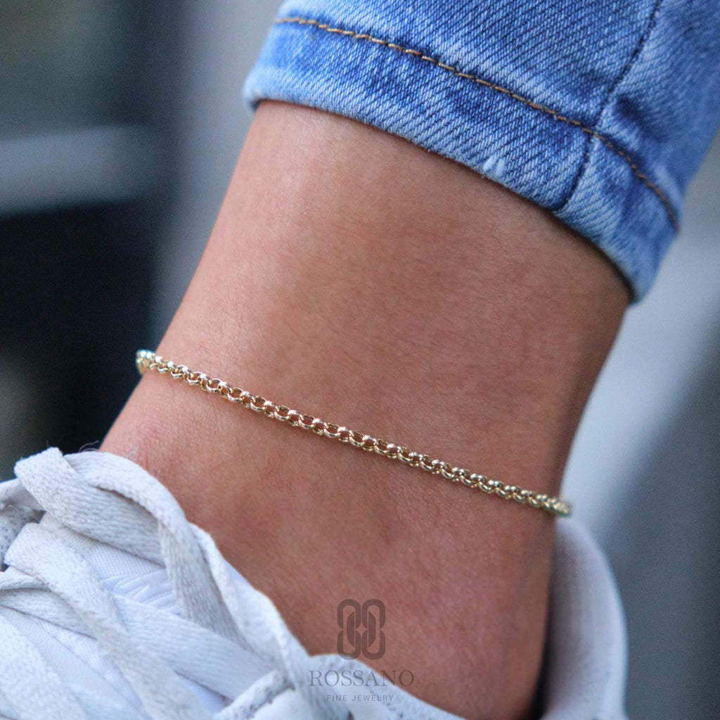 14K Gold Rolo Chain Anklet, 3mm 4mm 7mm Thick Rolo Link, Belcher Chain Anklet, Round Gold Ankle Bracelet, Unisex Gift Jewelry