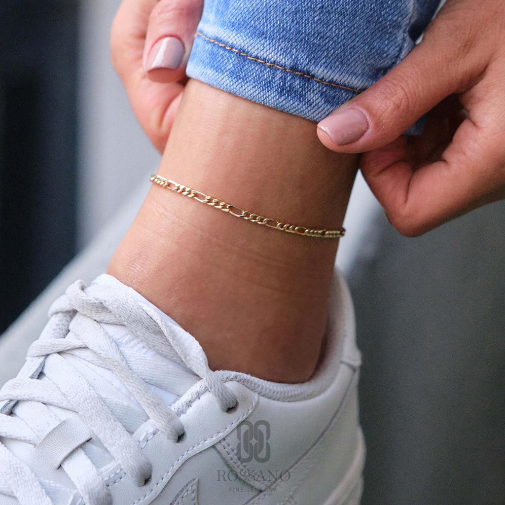 14K Gold Figaro Chain Anklet, 2mm 3mm 4mm 5mm Real Gold Figaro Link Ankle Bracelet, Classic Italian Chain, Gift for Her