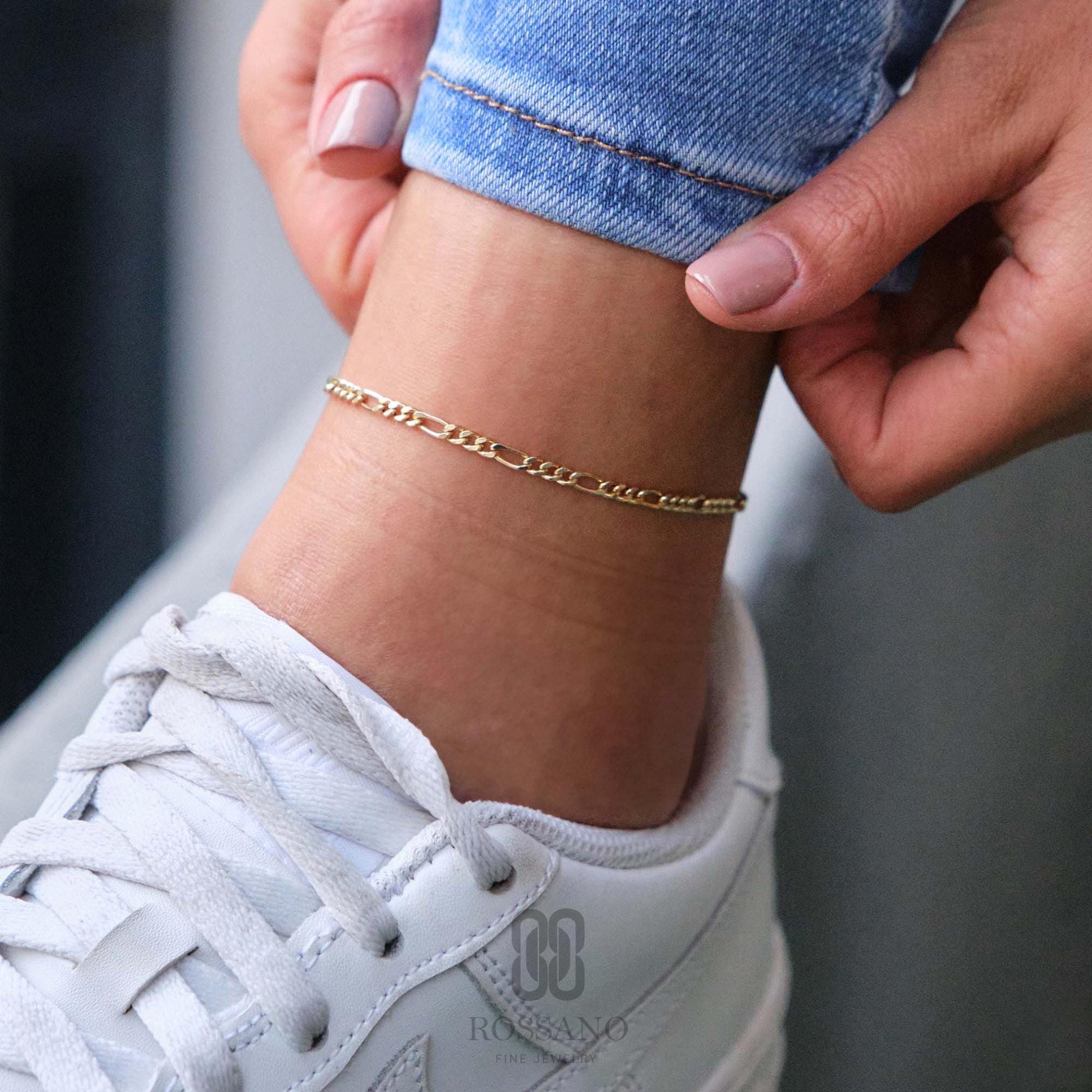 14K Gold Figaro Chain Anklet, 2mm 3mm 4mm 5mm Real Gold Figaro Link Ankle Bracelet, Classic Italian Chain, Gift for Her