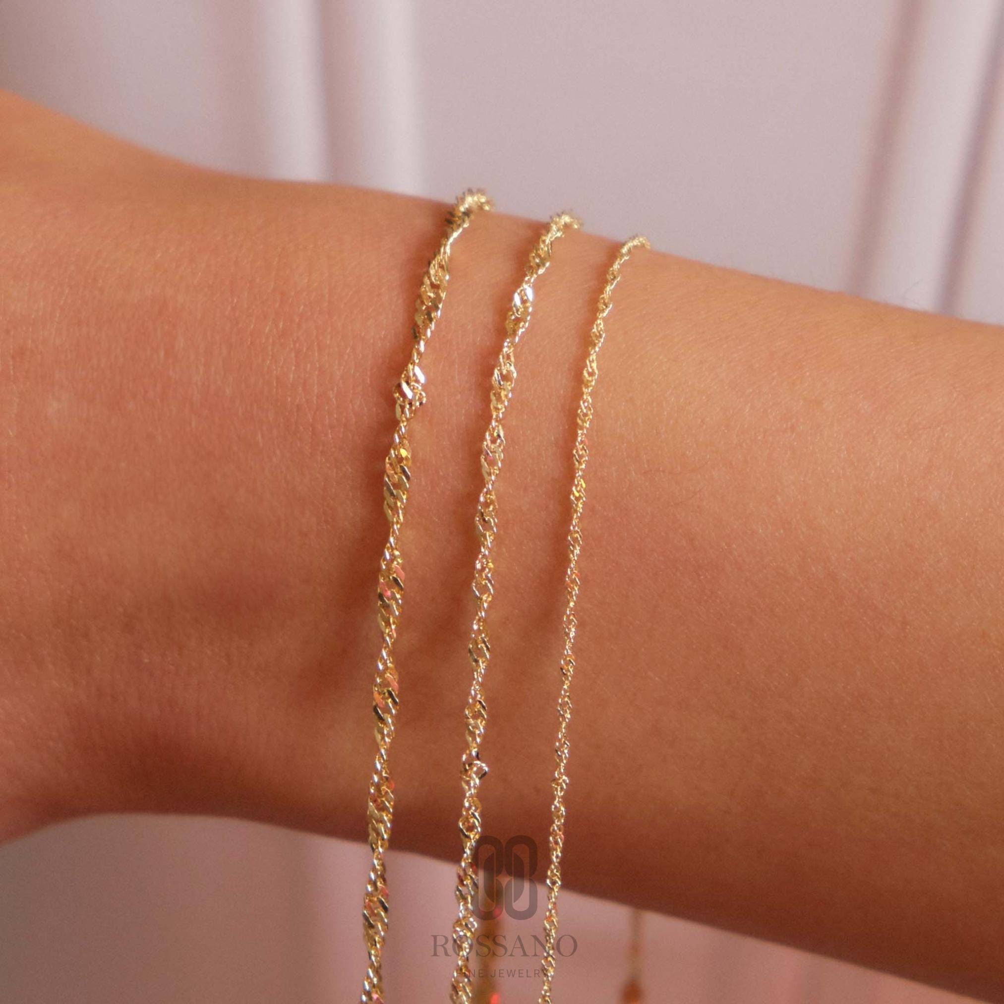 14K Gold Singapore Chain Bracelet, Diamond Cut Twisted Gold Chain, Dainty Rope Style Bracelet, Tiny Twist Bracelet, Gift for Her