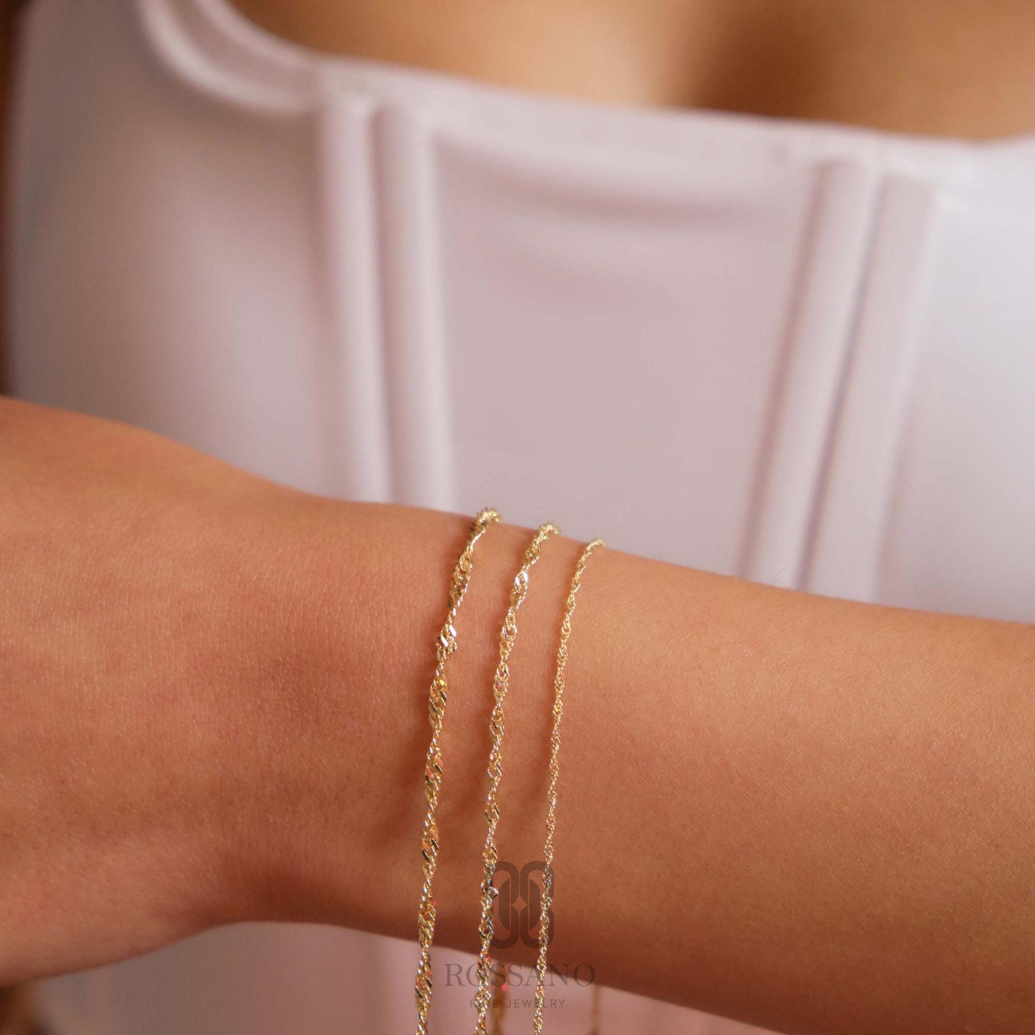 14K Gold Singapore Chain Bracelet, Diamond Cut Twisted Gold Chain, Dainty Rope Style Bracelet, Tiny Twist Bracelet, Gift for Her