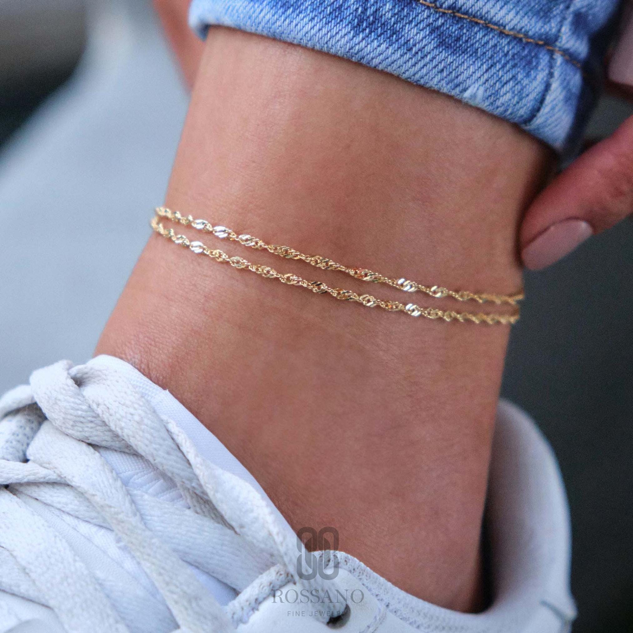 14K Gold Singapore Anklet, Twisted Diamond Cut Gold Chain, Dainty Simple Gold Anklet for Women, Real Gold Chain Anklet