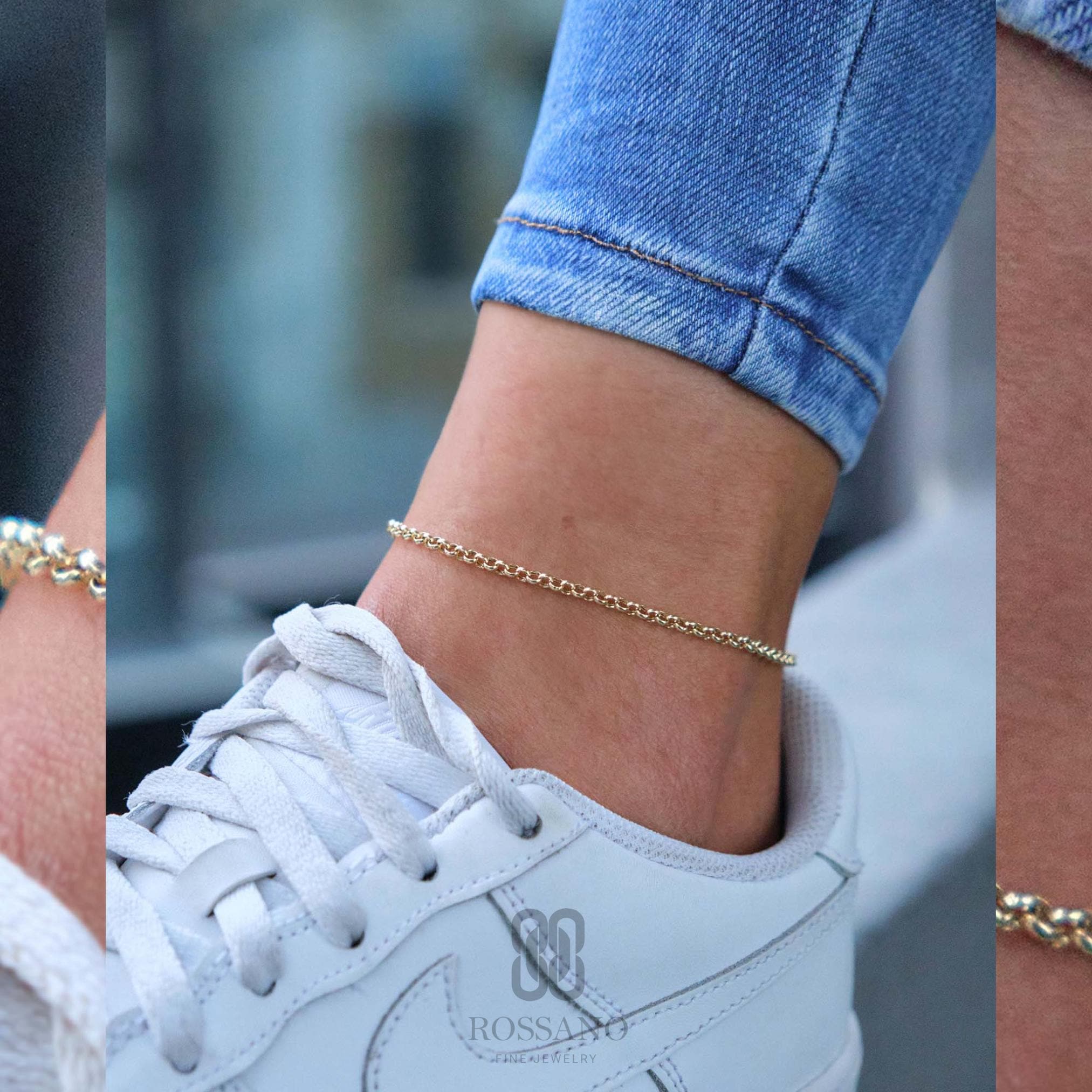14K Gold Rolo Chain Anklet, 3mm 4mm 7mm Thick Rolo Link, Belcher Chain Anklet, Round Gold Ankle Bracelet, Unisex Gift Jewelry