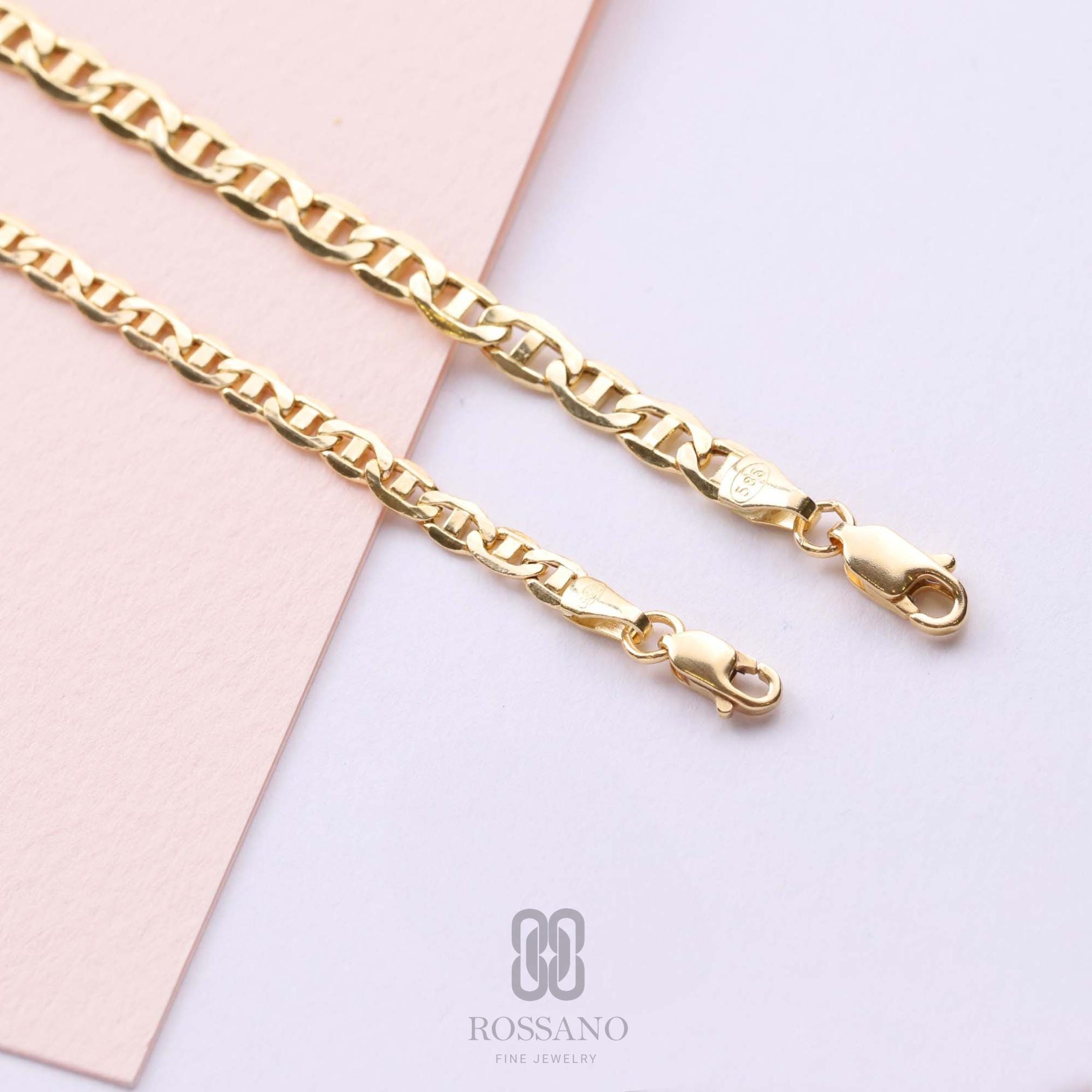 14K Gold Mariner Bracelet, 3mm 4mm Mariner Link Chain, Layering Gold Bracelet, Minimalist Fine Jewelry, Unisex Gift for Her