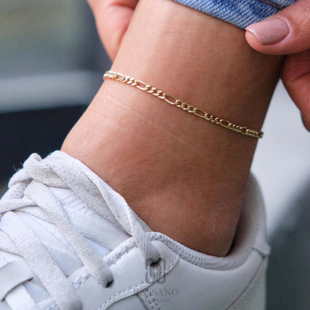 14K Gold Figaro Chain Anklet, 2mm 3mm 4mm 5mm Real Gold Figaro Link Ankle Bracelet, Classic Italian Chain, Gift for Her