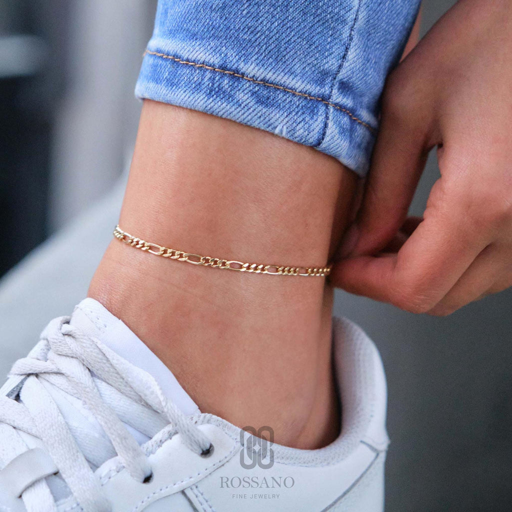 14K Gold Figaro Chain Anklet, 2mm 3mm 4mm 5mm Real Gold Figaro Link Ankle Bracelet, Classic Italian Chain, Gift for Her