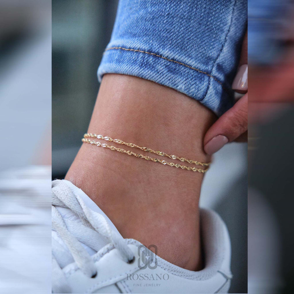 14K Gold Singapore Anklet, Twisted Diamond Cut Gold Chain