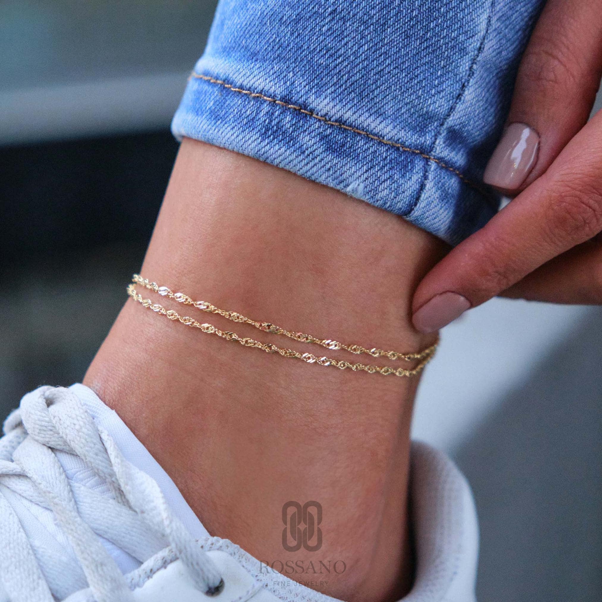 14K Gold Singapore Anklet, Twisted Diamond Cut Gold Chain, Dainty Simple Gold Anklet for Women, Real Gold Chain Anklet