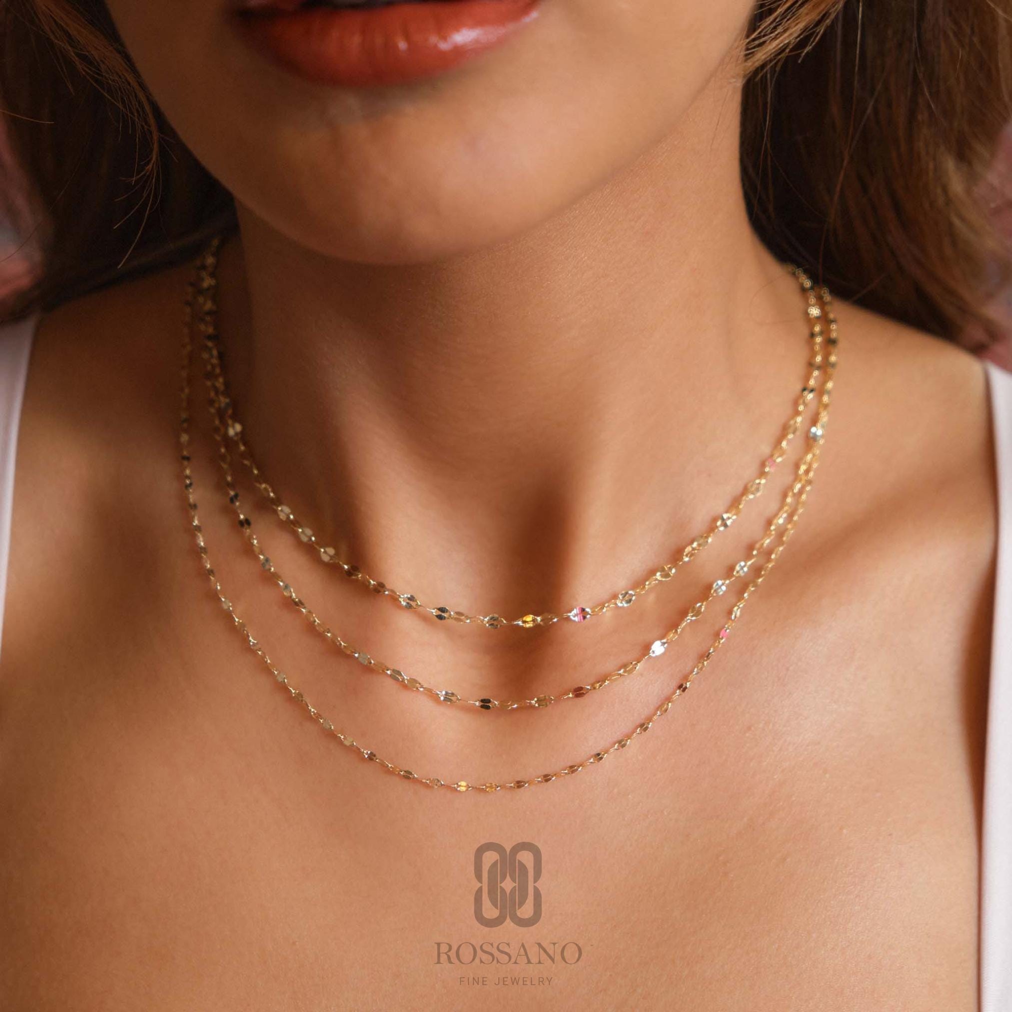 14K Solid Gold Sequin Necklace, 2mm 3mm 4mm Dainty Chain Choker, Delicate Sequin Gold Necklace, Minimalist Jewelry, Gift for Her