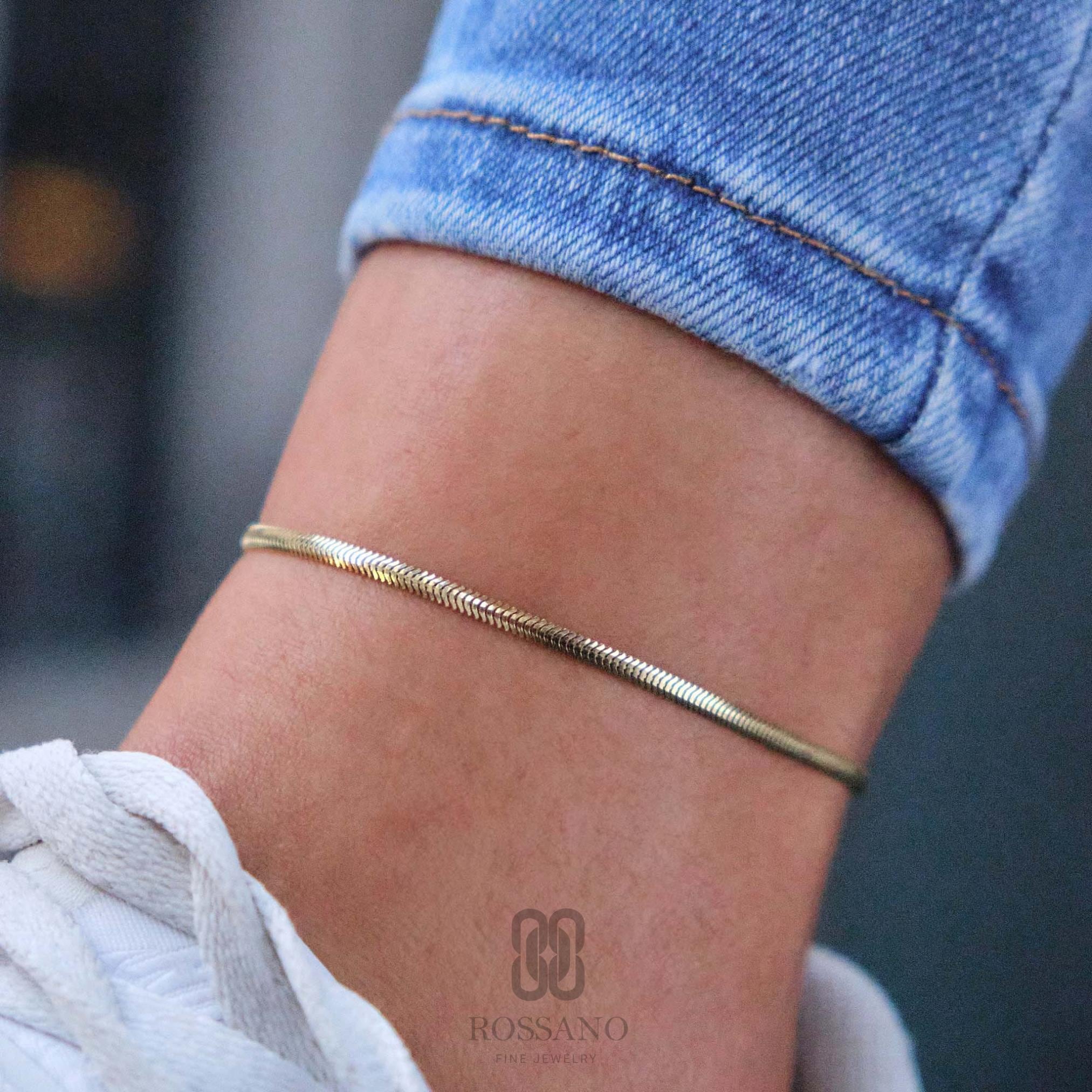 14K Gold Snake Anklet, Italian Herringbone Chain Anklet, Flat Snake Gold Chain, Shiny Gold Ankle Bracelet, Elegant Gift for Her