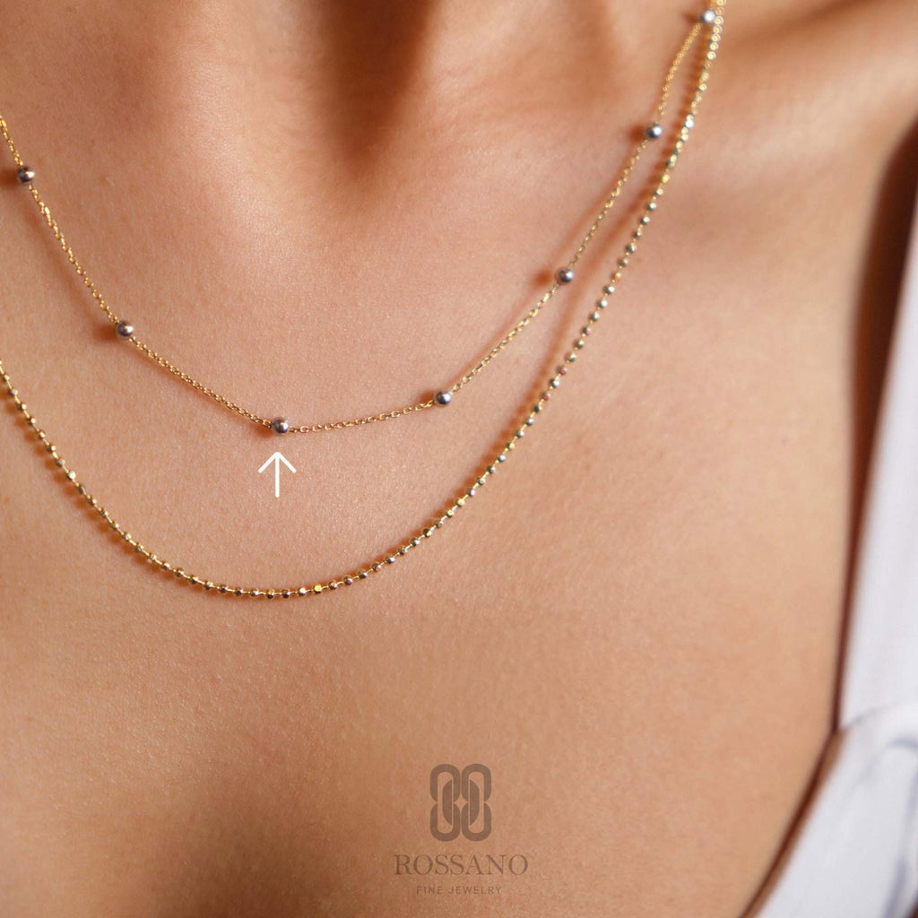 14K Gold Satellite Necklace, Beaded Station Chain Choker, Dew Drop Gold Beaded Necklace, Minimalist Real Gold Jewelry, Gift for Her
