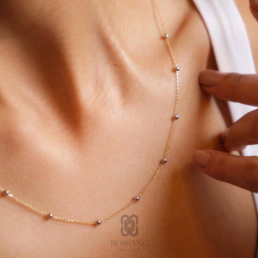 14K Gold Satellite Necklace, Beaded Station Chain Choker, Dew Drop Gold Beaded Necklace, Minimalist Real Gold Jewelry, Gift for Her