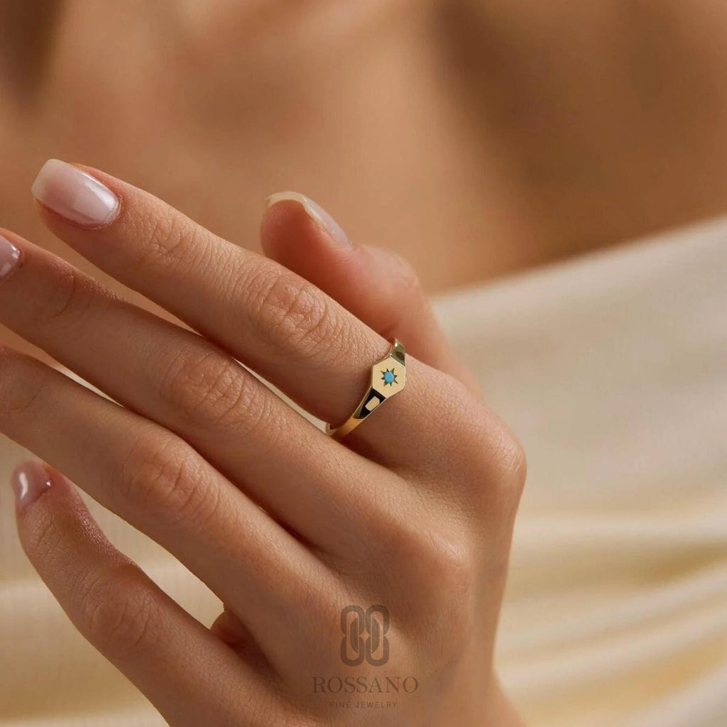 14K Gold Turquoise Star Ring, Dainty Star Gemstone Ring, Minimalist Gold Band, Celestial Jewelry, Stackable Ring, Gift for Her