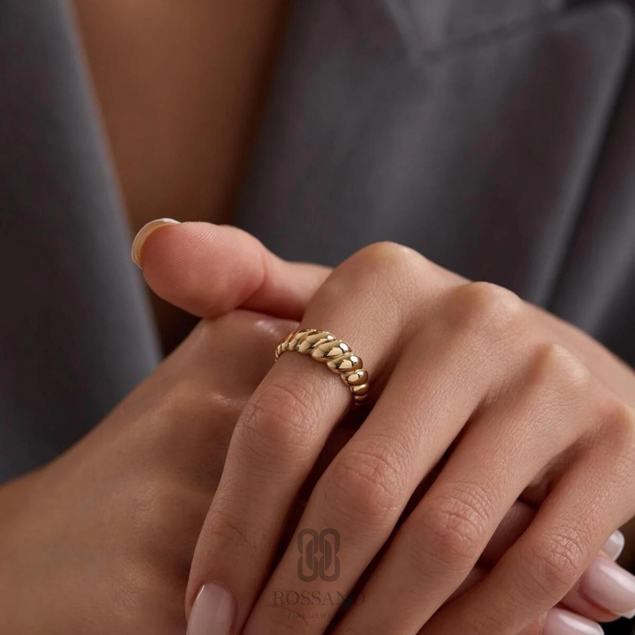 14K Gold Croissant Ring, Chunky Dome Croissant Band, Twisted Gold Statement Ring, Thick Minimalist Ring, Everyday Jewelry, Gift for Her