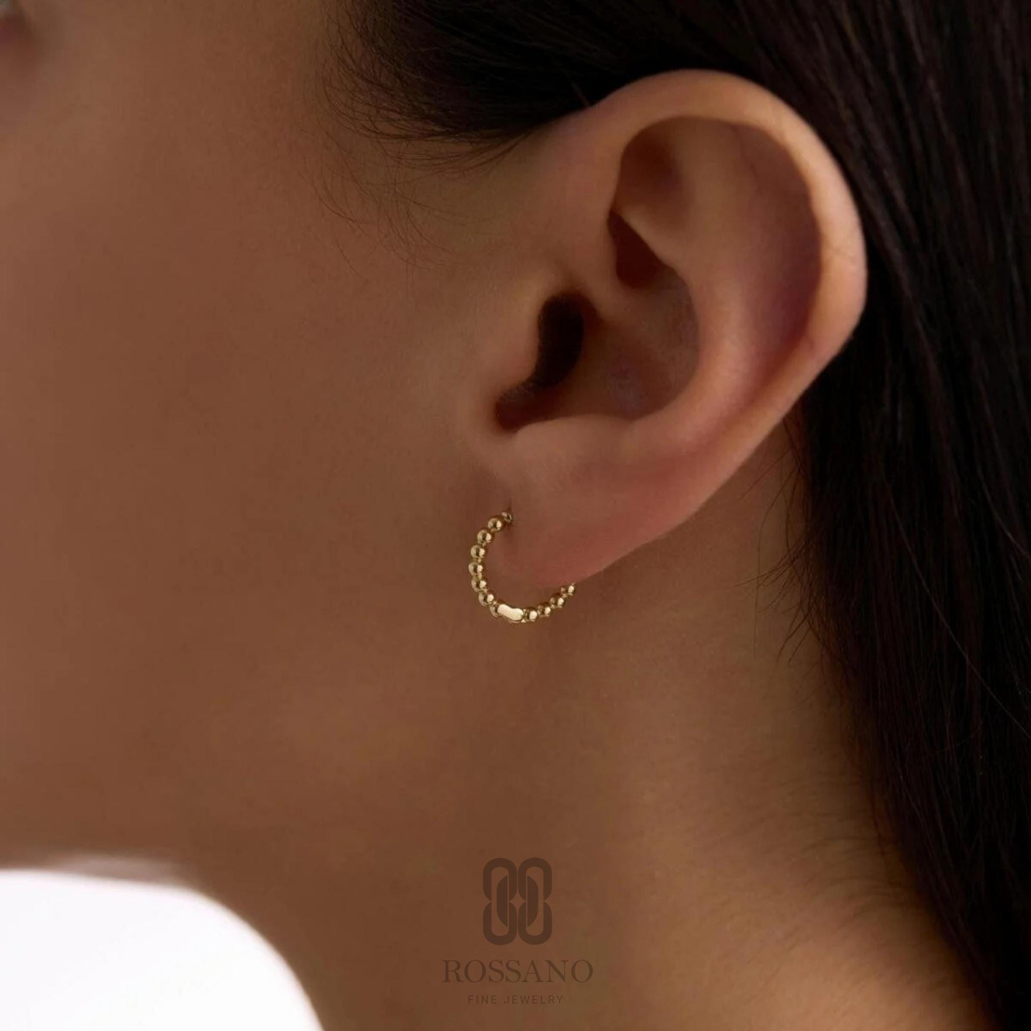 14K Gold 15mm Beaded Hoop Earrings, Minimalist Handmade Everyday Earrings, Dainty Gold Hoops, Fine Jewelry, Classic Hoops, Gift for Her