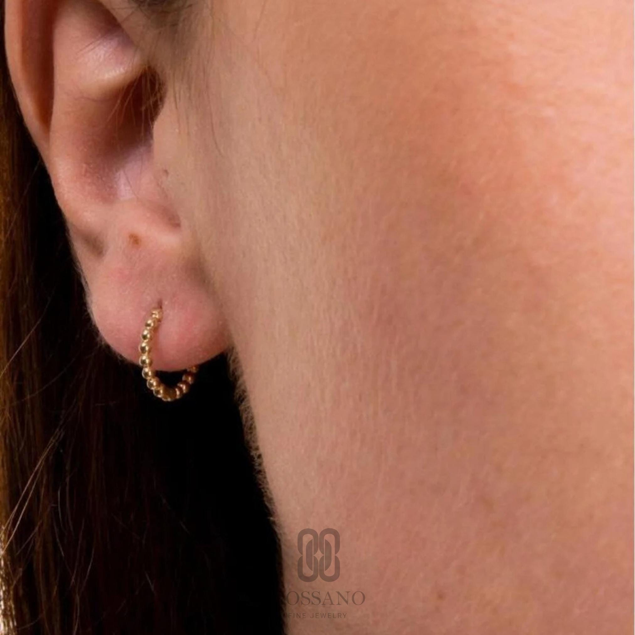 14K Gold 15mm Beaded Hoop Earrings, Minimalist Handmade Everyday Earrings, Dainty Gold Hoops, Fine Jewelry, Classic Hoops, Gift for Her
