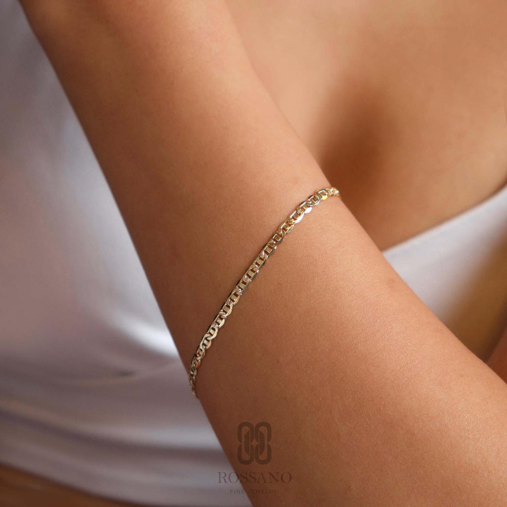14K Gold Mariner Bracelet, 3mm 4mm Mariner Link Chain, Layering Gold Bracelet, Minimalist Fine Jewelry, Unisex Gift for Her
