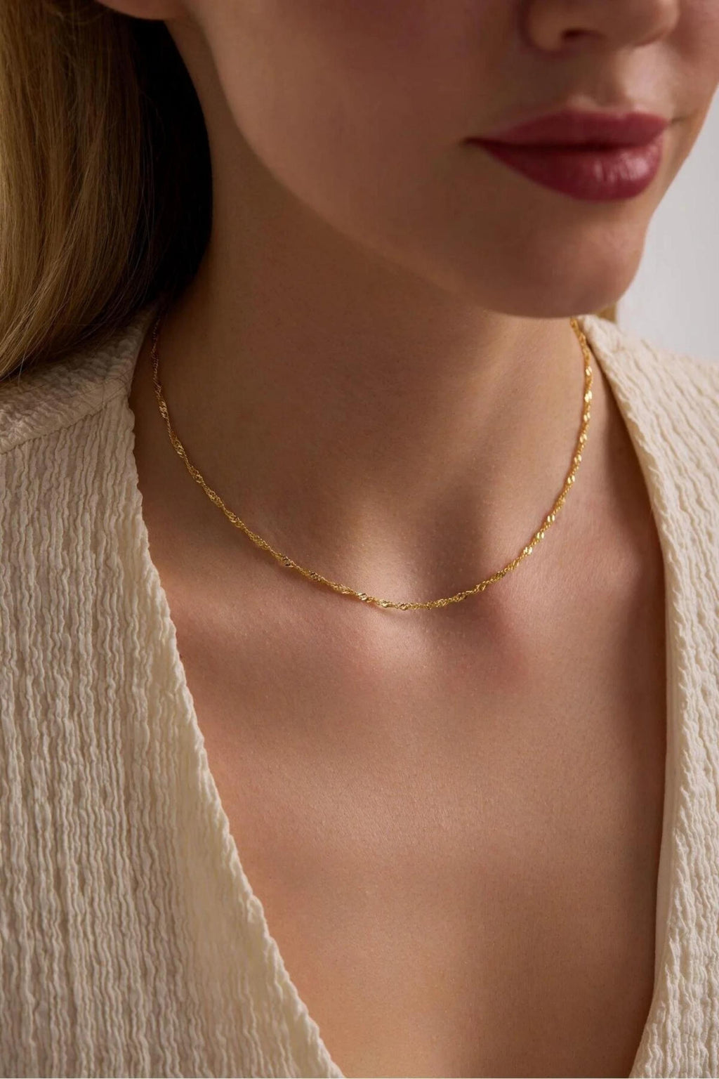 14K Gold 1.5mm Singapore Necklace, Diamond Cut Twisted Gold Chain, Dainty Minimalist Choker, Everyday Stackable Jewelry, Gift for Her