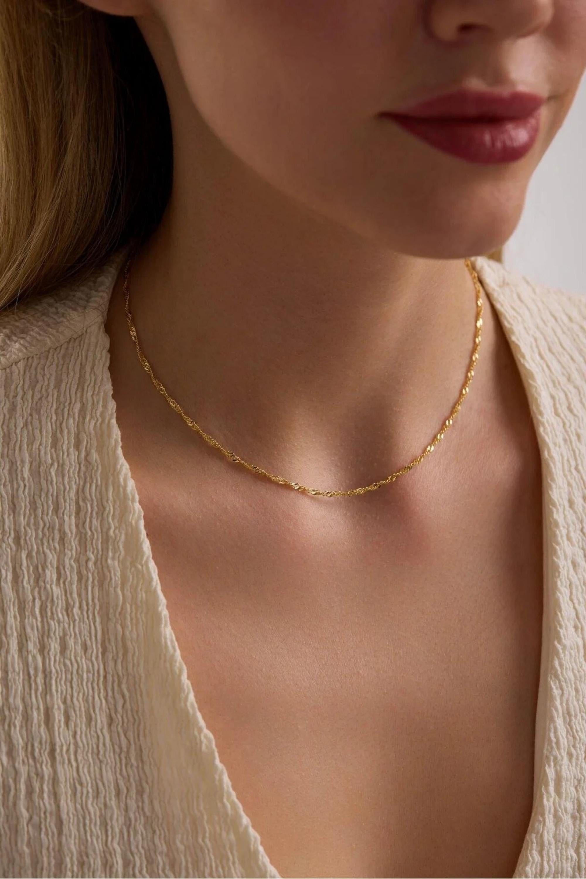 14K Gold 1.5mm Singapore Necklace, Diamond Cut Twisted Gold Chain, Dainty Minimalist Choker, Everyday Stackable Jewelry, Gift for Her