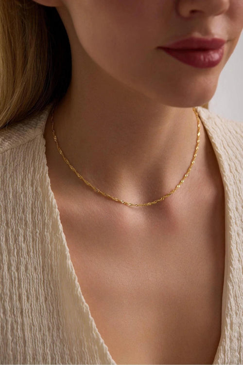 14K Gold 1.5mm Singapore Necklace, Diamond Cut Twisted Gold Chain, Dainty Minimalist Choker, Everyday Stackable Jewelry, Gift for Her