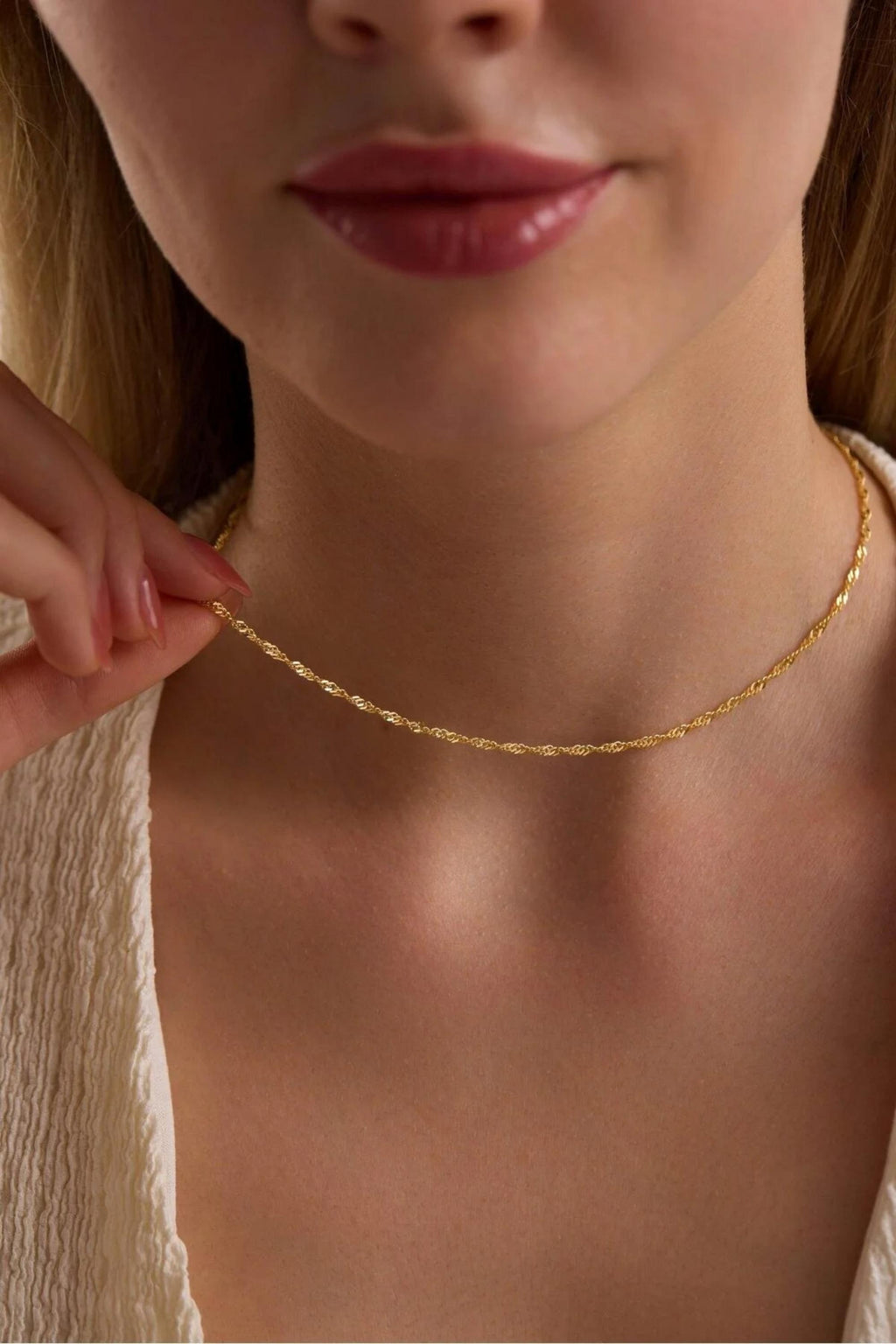 14K Gold 1.5mm Singapore Necklace, Diamond Cut Twisted Gold Chain, Dainty Minimalist Choker, Everyday Stackable Jewelry, Gift for Her