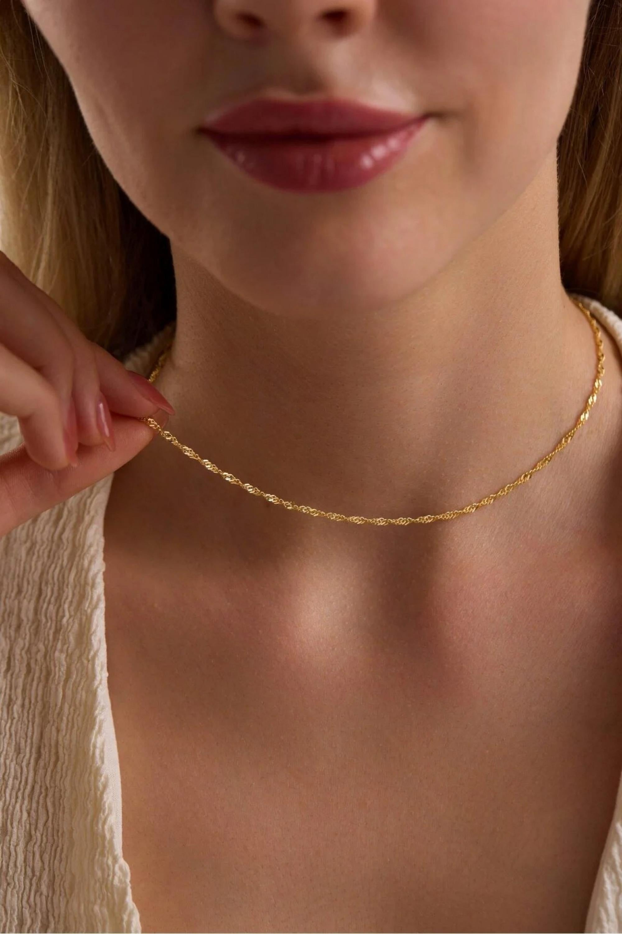 14K Gold 1.5mm Singapore Necklace, Diamond Cut Twisted Gold Chain, Dainty Minimalist Choker, Everyday Stackable Jewelry, Gift for Her