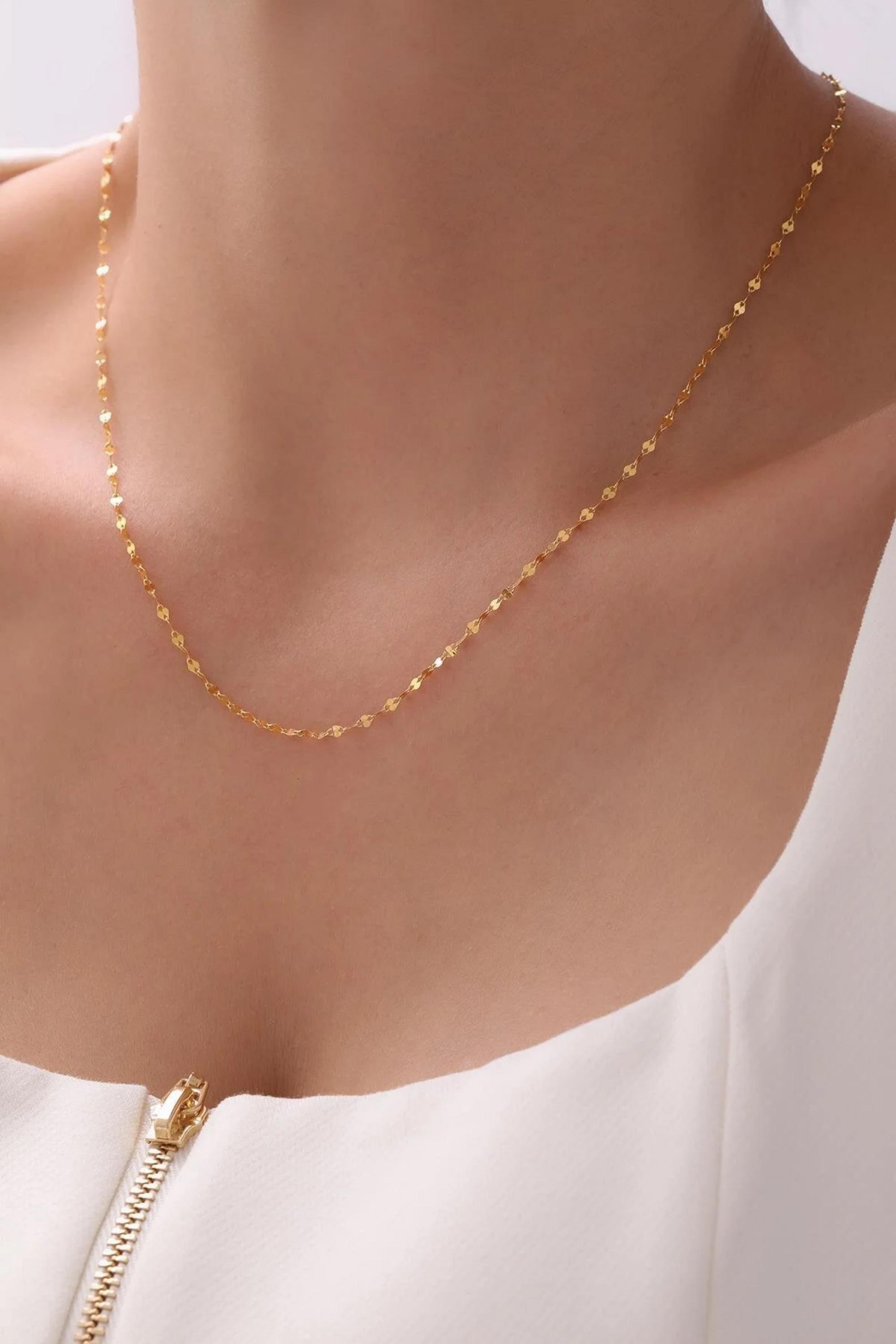 14K Gold 3mm Sequin Necklace, Dainty Gold Chain, Minimalist Delicate Jewelry, Stackable Everyday Necklace, Gift for Her