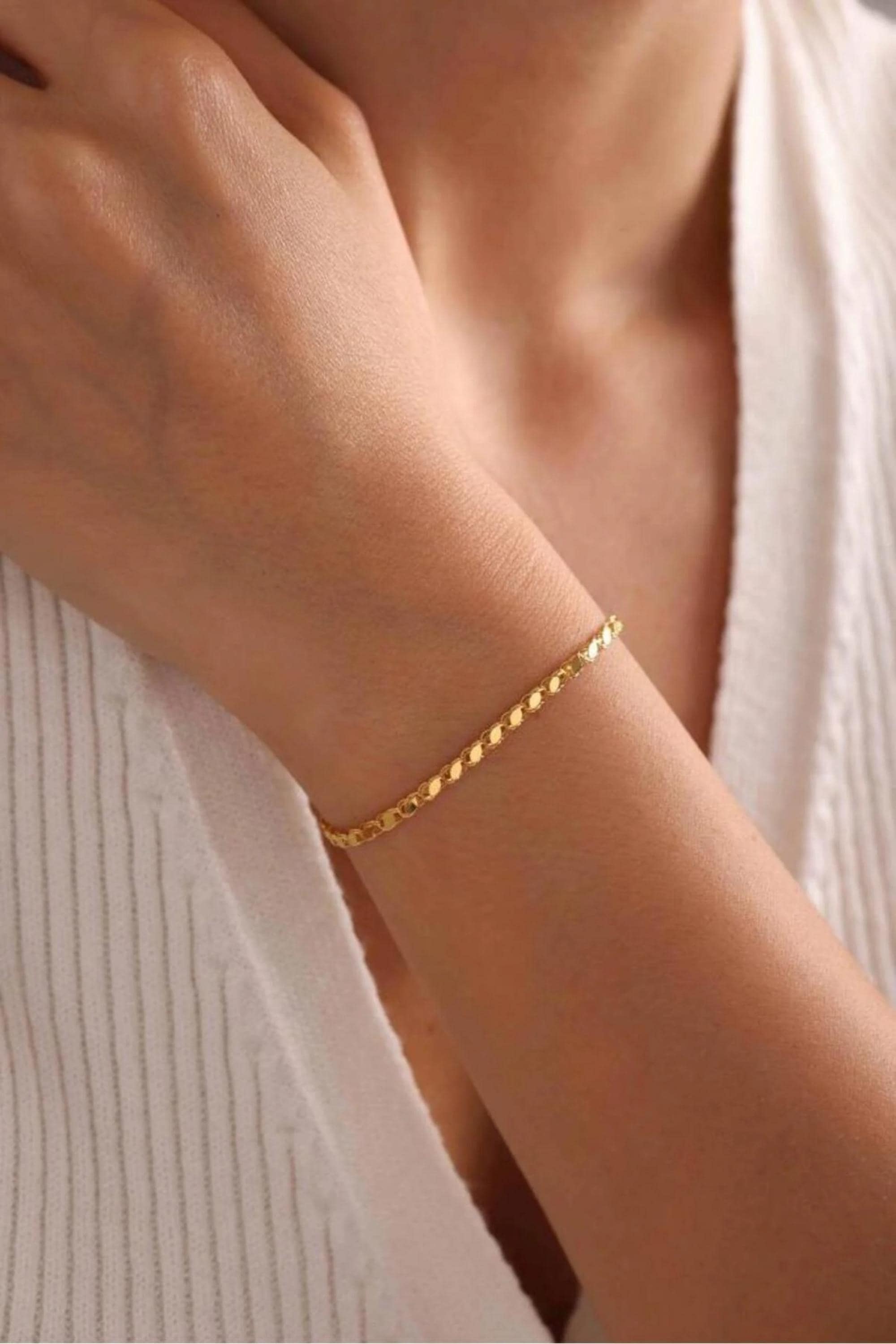 14K Gold 2mm Mirror Chain Bracelet, Dainty Gold Bracelet, Minimalist Everyday Jewelry, Stackable Gold Chain Bracelet, Gift for Her