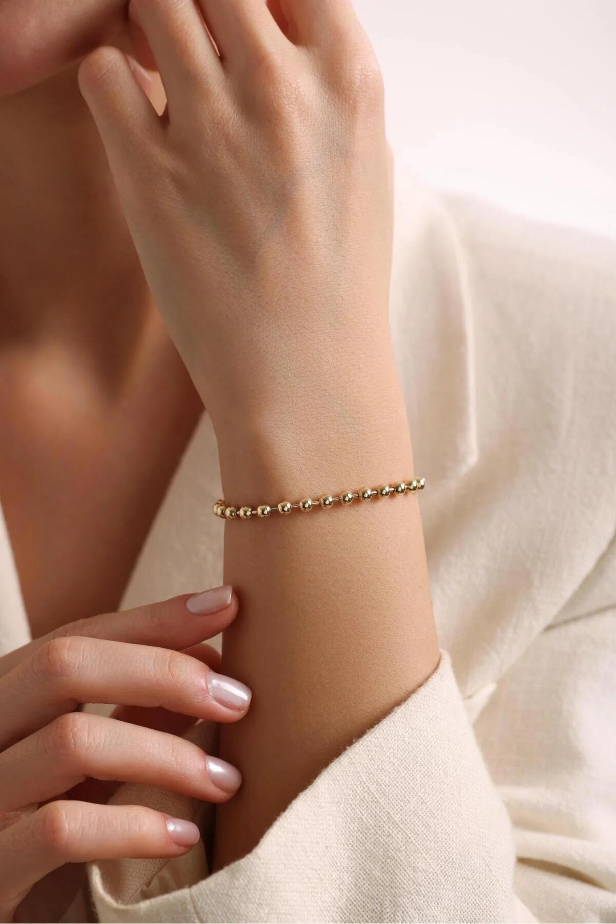 14K Gold 4mm Beaded Chain Bracelet, Dainty Gold Bracelet, Minimalist Everyday Jewelry, Stackable Gold Bead Bracelet, Gift for Her