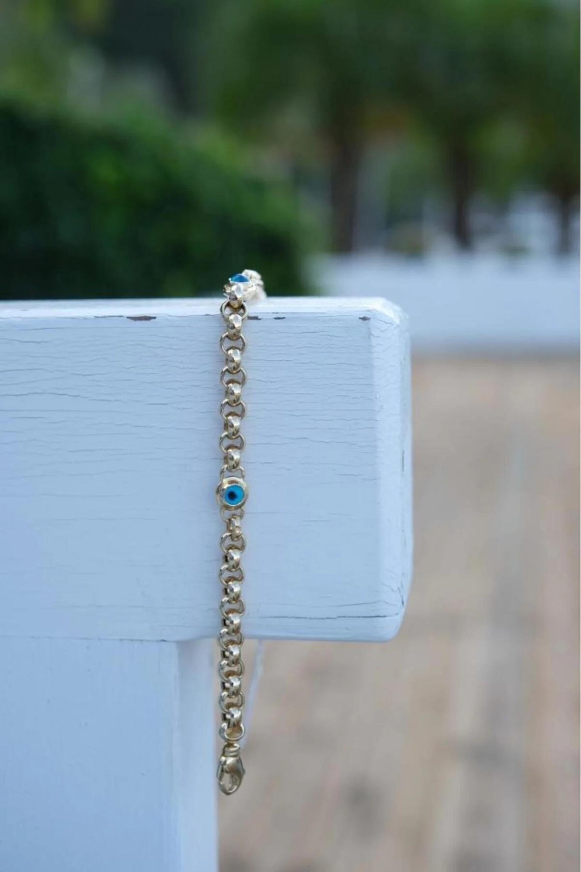 14K Gold 5mm Evil Eye Bracelet, Dainty Gold Bracelet, Protection Jewelry, Minimalist Everyday Bracelet, Stackable Gold Bracelet for Her