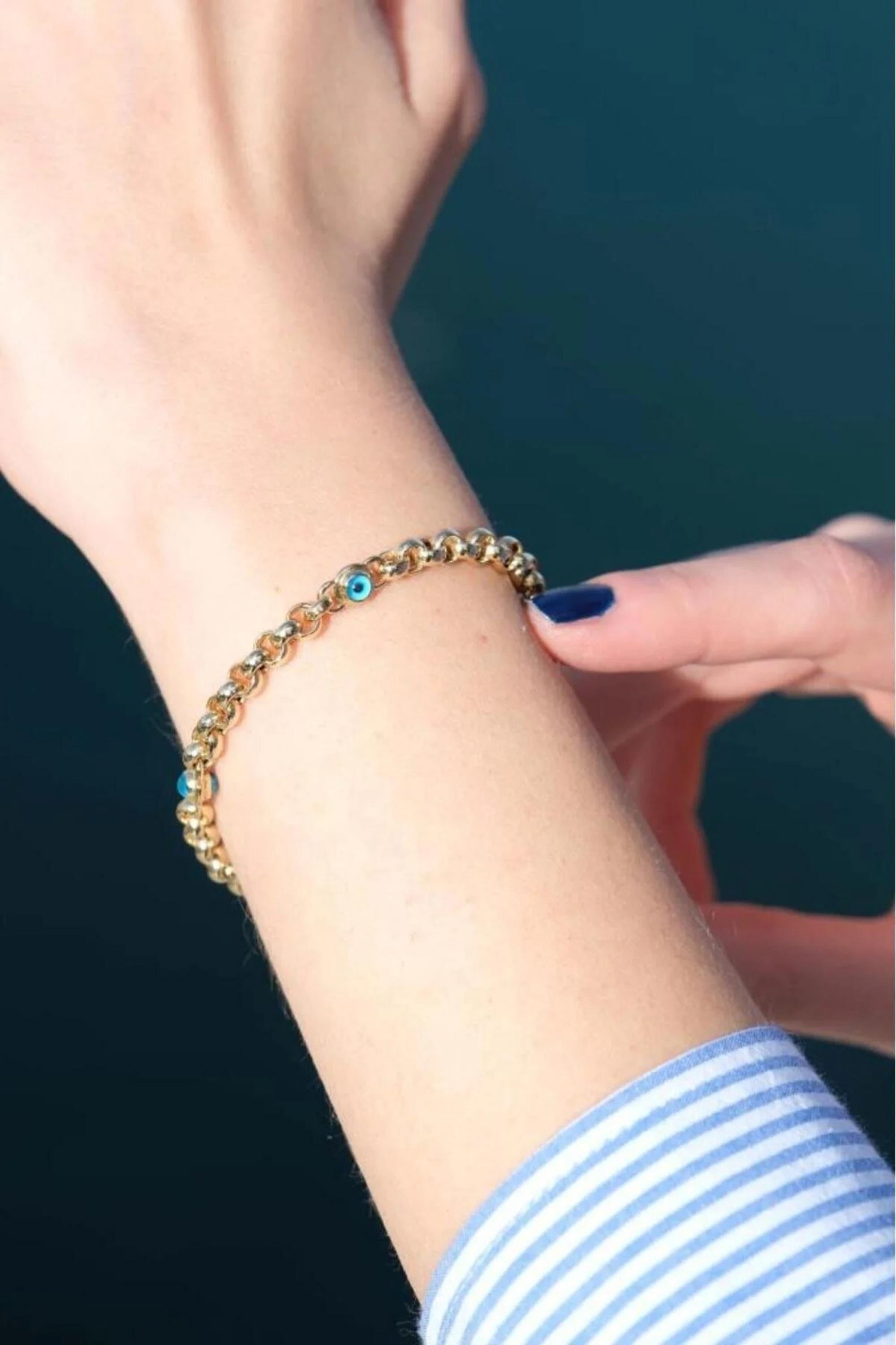 14K Gold 5mm Evil Eye Bracelet, Dainty Gold Bracelet, Protection Jewelry, Minimalist Everyday Bracelet, Stackable Gold Bracelet for Her
