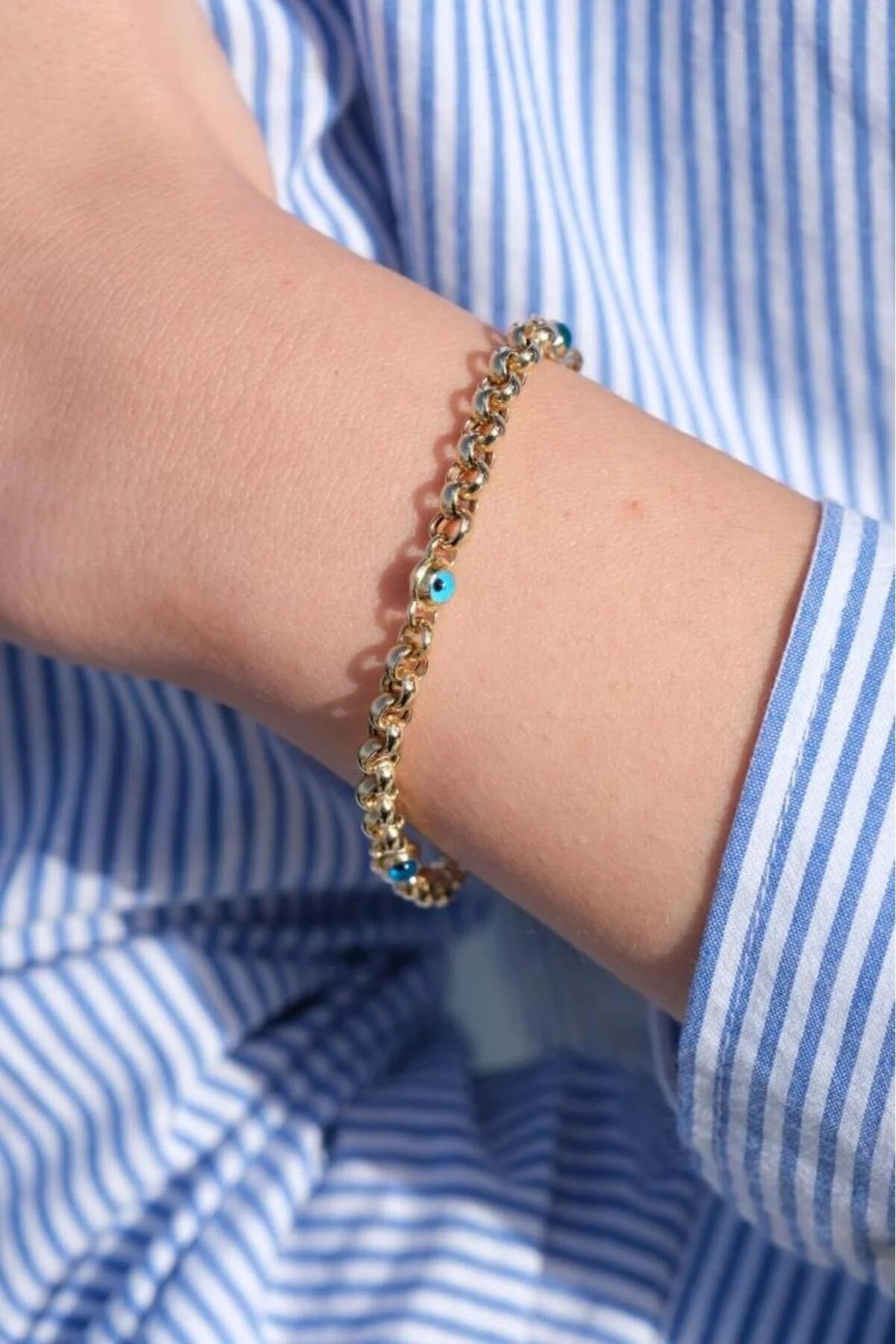 14K Gold 5mm Evil Eye Bracelet, Dainty Gold Bracelet, Protection Jewelry, Minimalist Everyday Bracelet, Stackable Gold Bracelet for Her