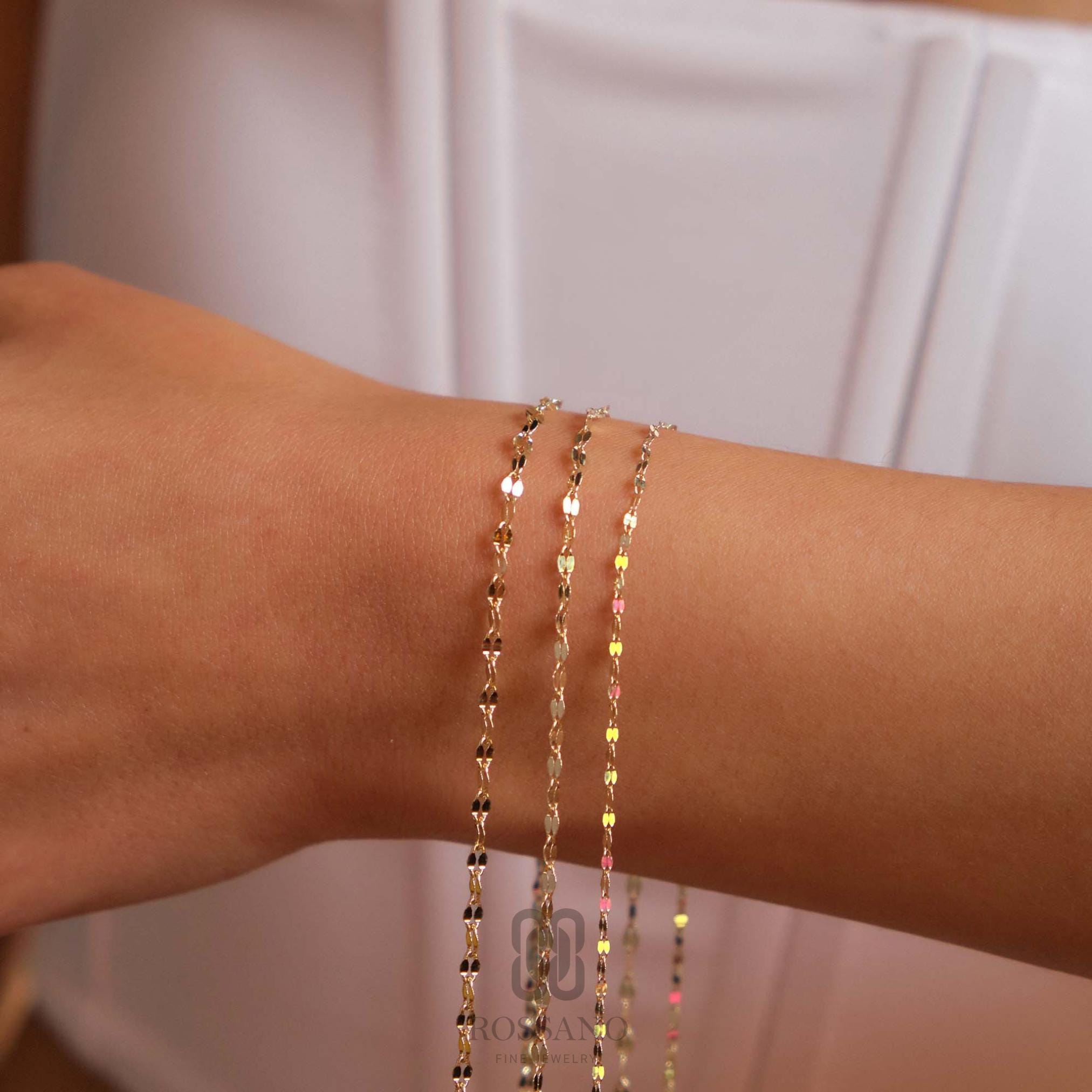 14K Solid Gold Sequin Bracelet, 2mm 3mm 4mm Delicate Gold Chain Bracelet, Minimalist Dainty Handmade Jewelry, Gift for Her