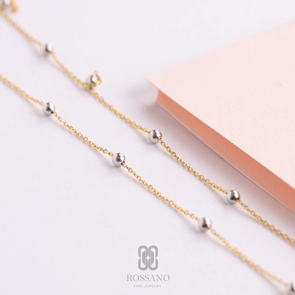 14K Gold Satellite Necklace, Beaded Station Chain Choker, Dew Drop Gold Beaded Necklace, Minimalist Real Gold Jewelry, Gift for Her