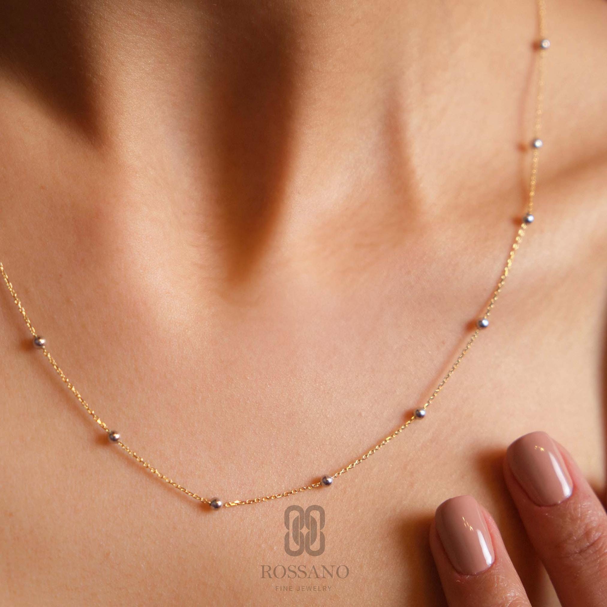 14K Gold Satellite Necklace, Beaded Station Chain Choker, Dew Drop Gold Beaded Necklace, Minimalist Real Gold Jewelry, Gift for Her