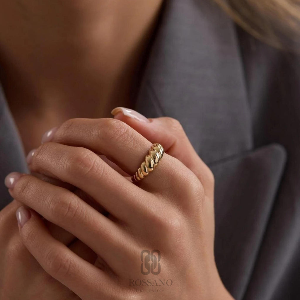 14K Gold Croissant Ring, Chunky Dome Croissant Band, Twisted Gold Statement Ring, Thick Minimalist Ring, Everyday Jewelry, Gift for Her