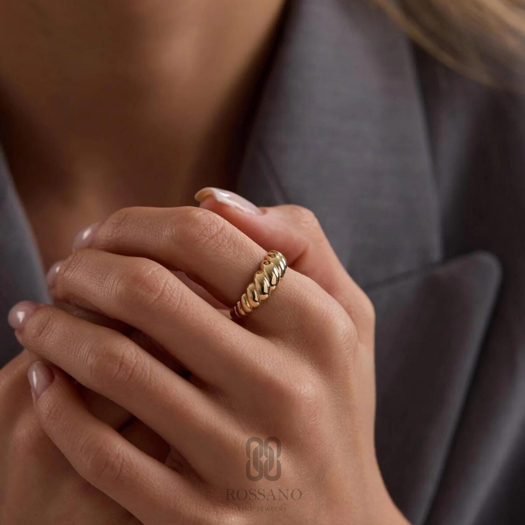 14K Gold Croissant Ring, Chunky Dome Croissant Band, Twisted Gold Statement Ring, Thick Minimalist Ring, Everyday Jewelry, Gift for Her