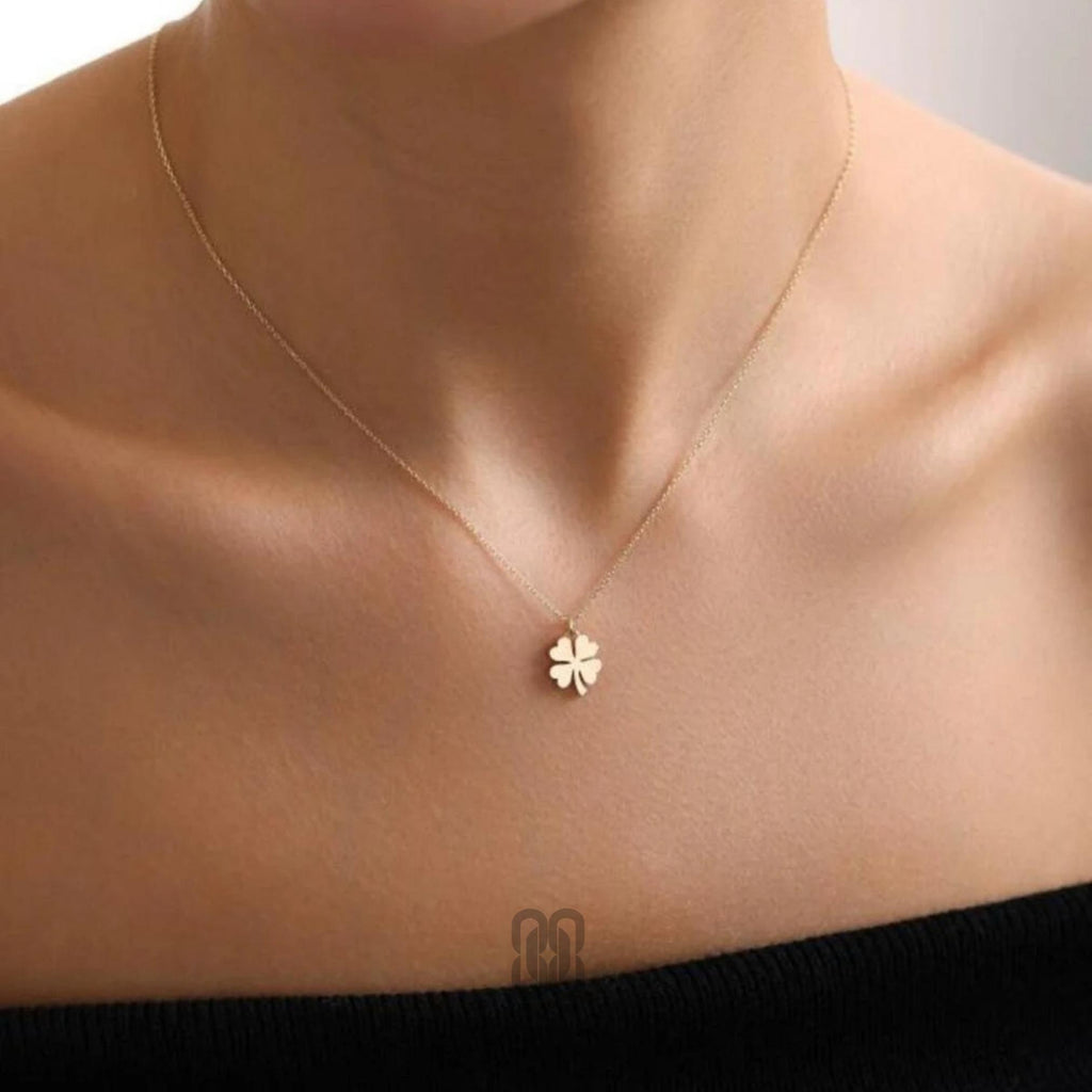 14K Gold Clover Necklace, Dainty Gold Four Leaf Pendant, Minimalist Chain Necklace, Lucky Charm Jewelry, Stackable Necklace, Gift for Her