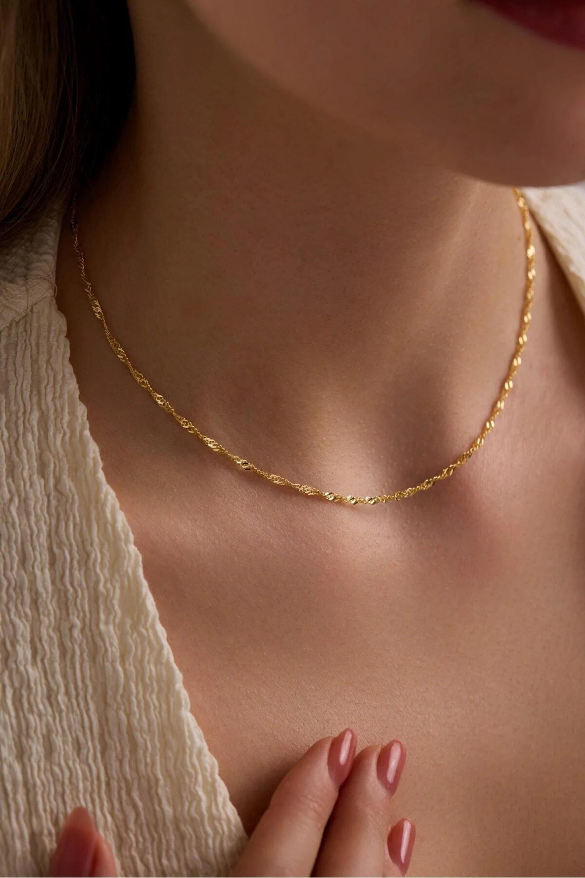 14K Gold 1.5mm Singapore Necklace, Diamond Cut Twisted Gold Chain, Dainty Minimalist Choker, Everyday Stackable Jewelry, Gift for Her