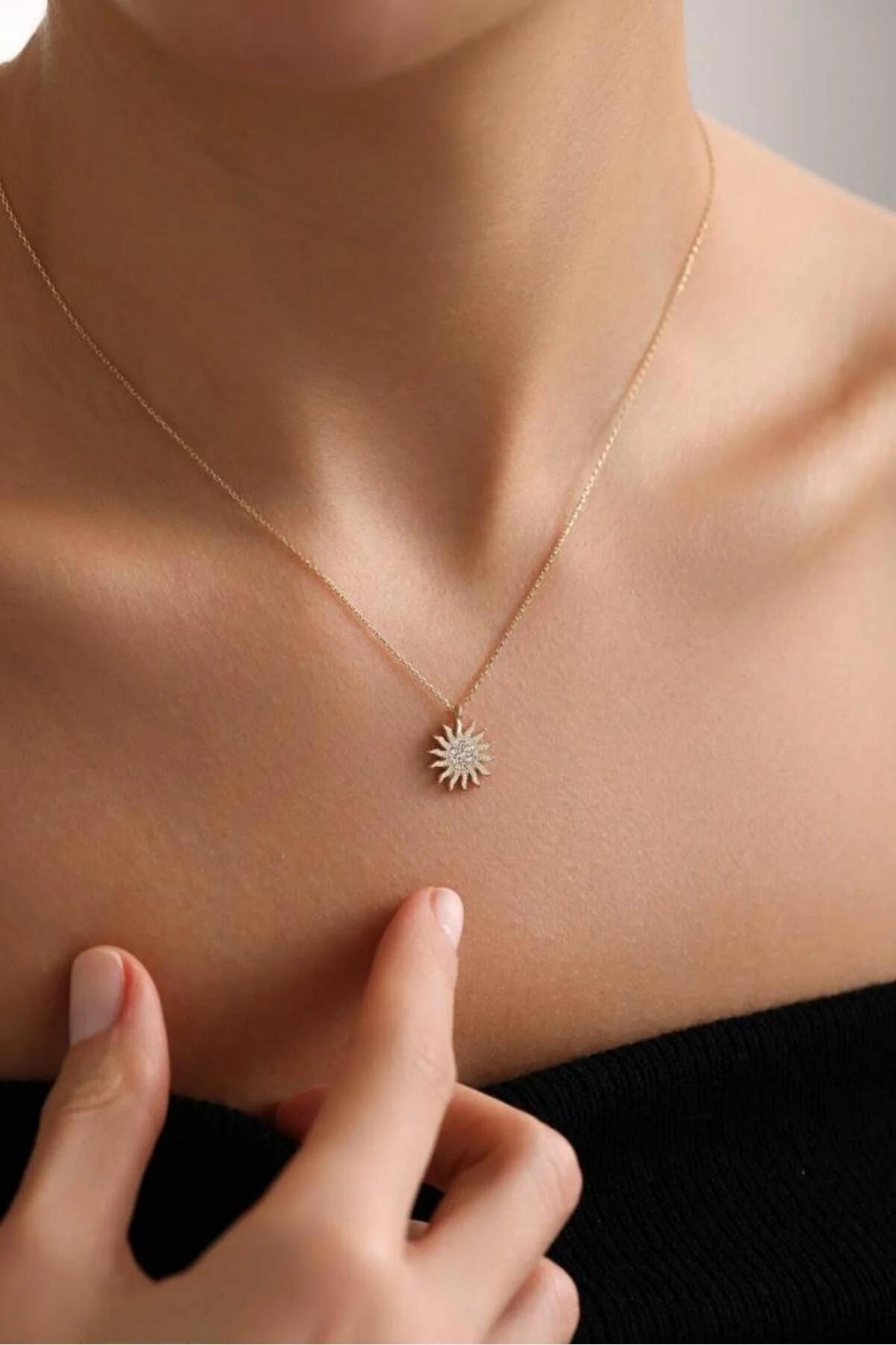 14K Gold Sun Necklace, Dainty Gold Sun Pendant, Minimalist Chain Necklace, Celestial Jewelry, Stackable Everyday Necklace, Gift for Her