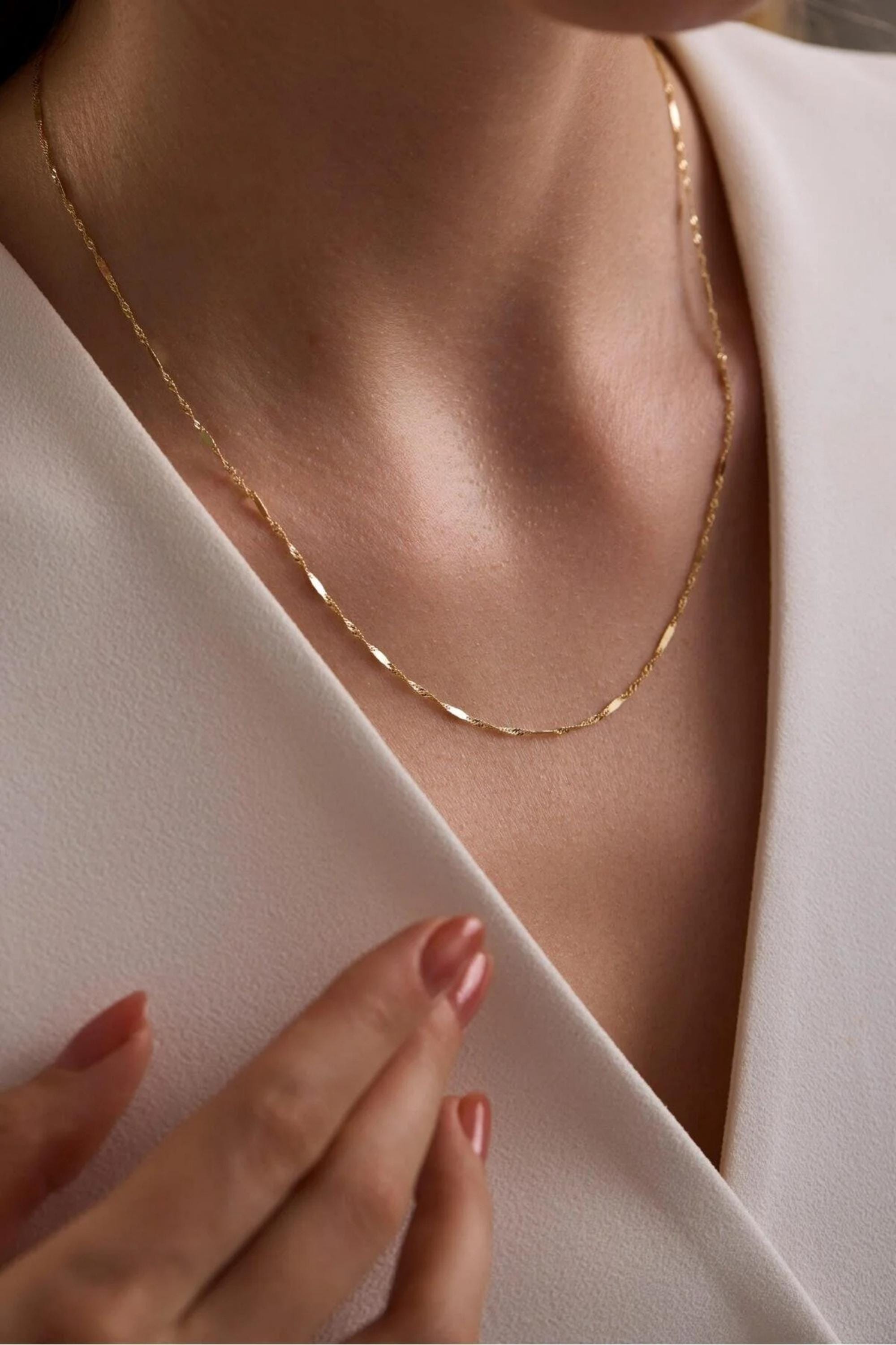 14K Gold Singapore Necklace, Diamond Cut Twisted Gold Chain, Dainty Minimalist Choker, Everyday Stackable Jewelry, Gift for Her