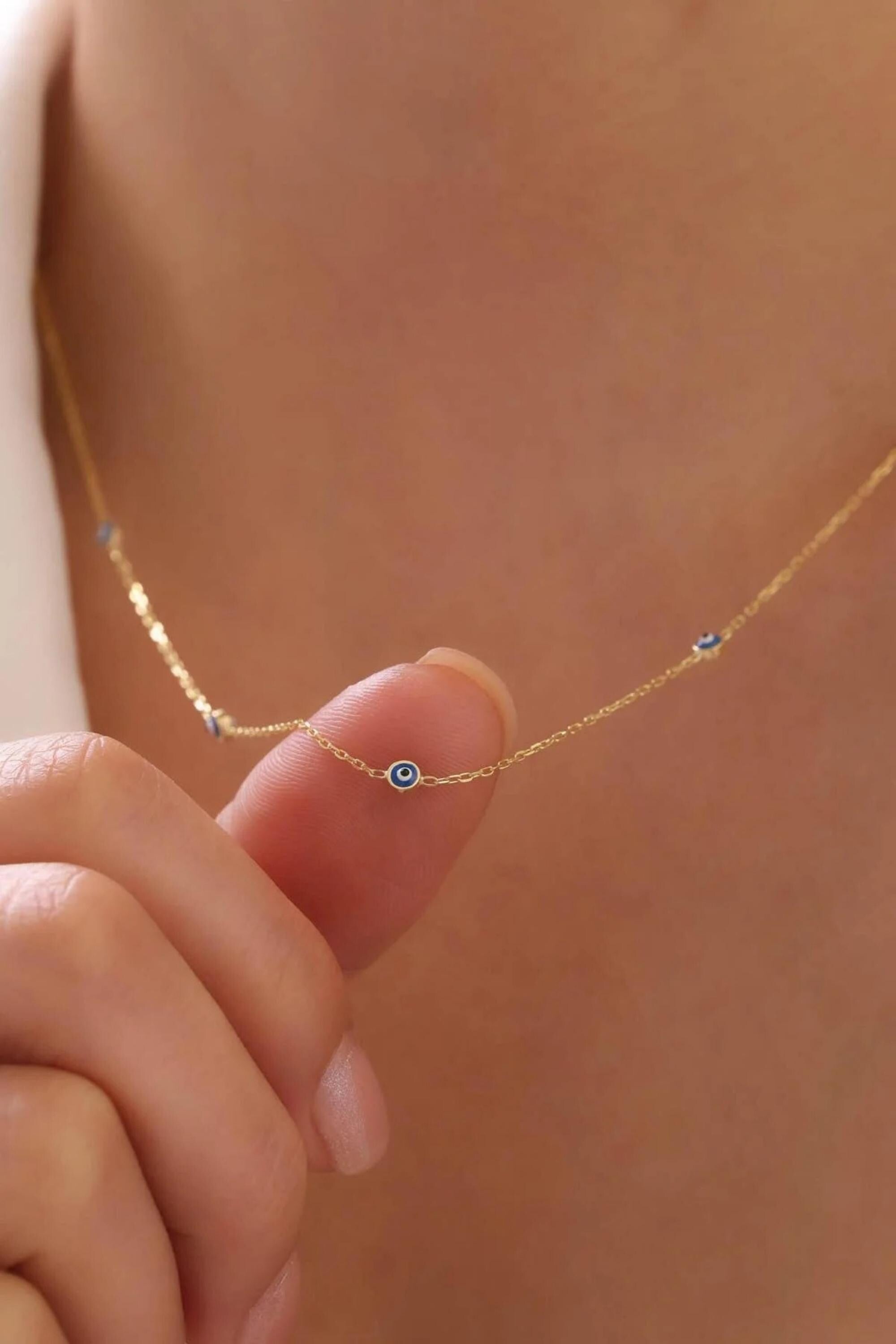14K Gold Evil Eye Necklace, Dainty Chain Necklace, Protection Jewelry, Minimalist Everyday Necklace, Stackable Gold Necklace, Gift for Her