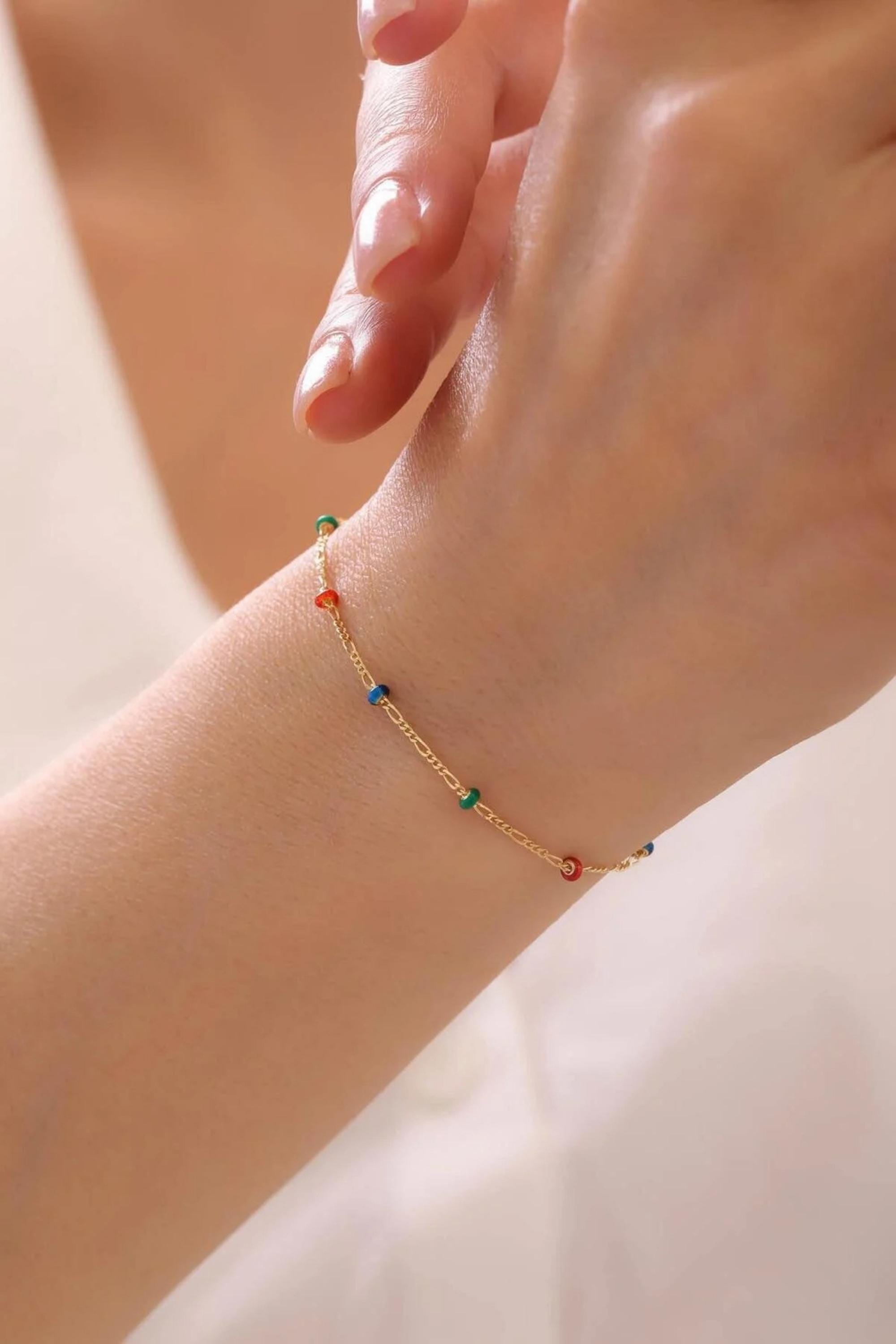14K Gold Colorful Bead Figaro Bracelet, Dainty Chain Bracelet, Minimalist Everyday Jewelry, Stackable Gold Bracelet, Gift for Her