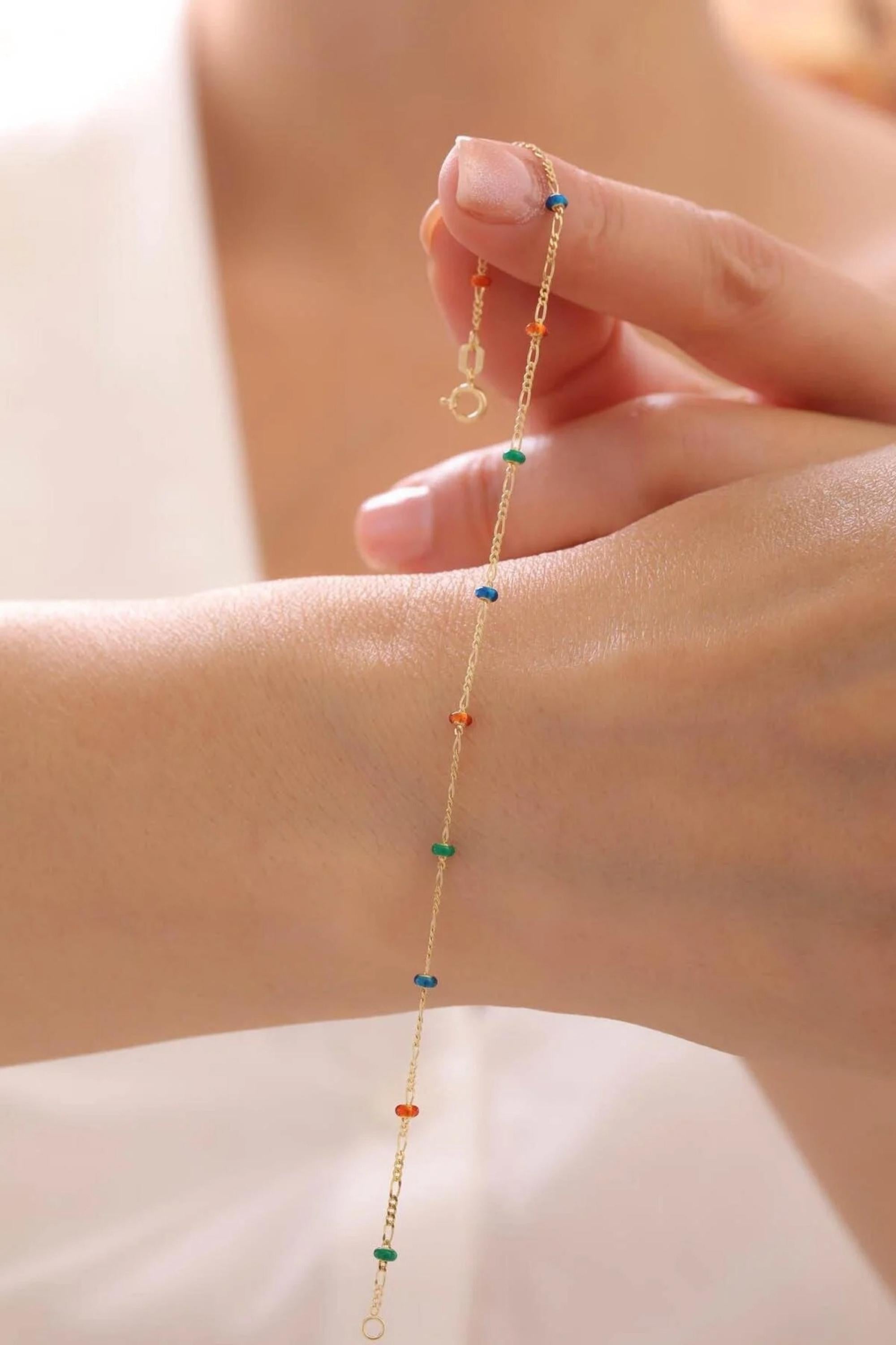 14K Gold Colorful Bead Figaro Bracelet, Dainty Chain Bracelet, Minimalist Everyday Jewelry, Stackable Gold Bracelet, Gift for Her