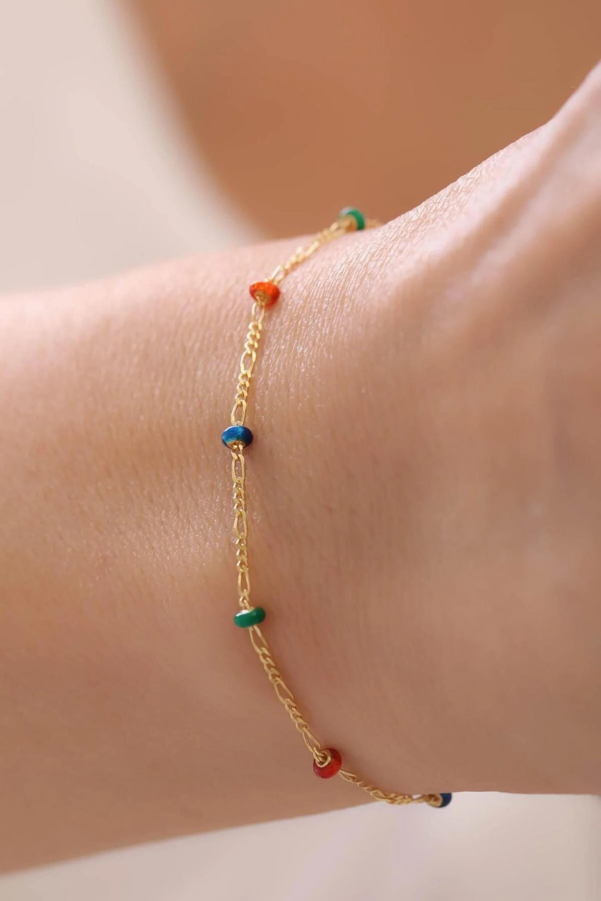 14K Gold Colorful Bead Figaro Bracelet, Dainty Chain Bracelet, Minimalist Everyday Jewelry, Stackable Gold Bracelet, Gift for Her