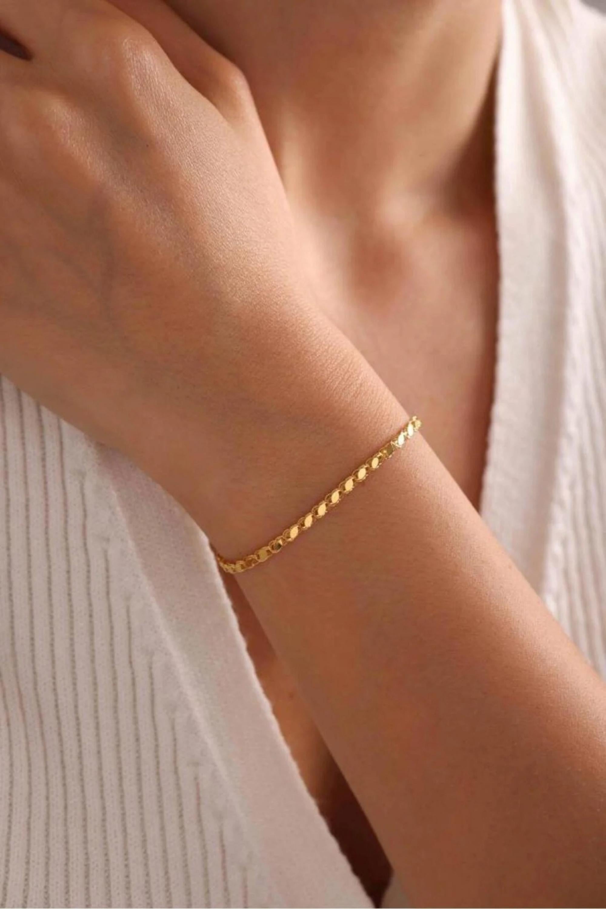 14K Gold 2mm Mirror Chain Bracelet, Dainty Gold Bracelet, Minimalist Everyday Jewelry, Stackable Gold Chain Bracelet, Gift for Her