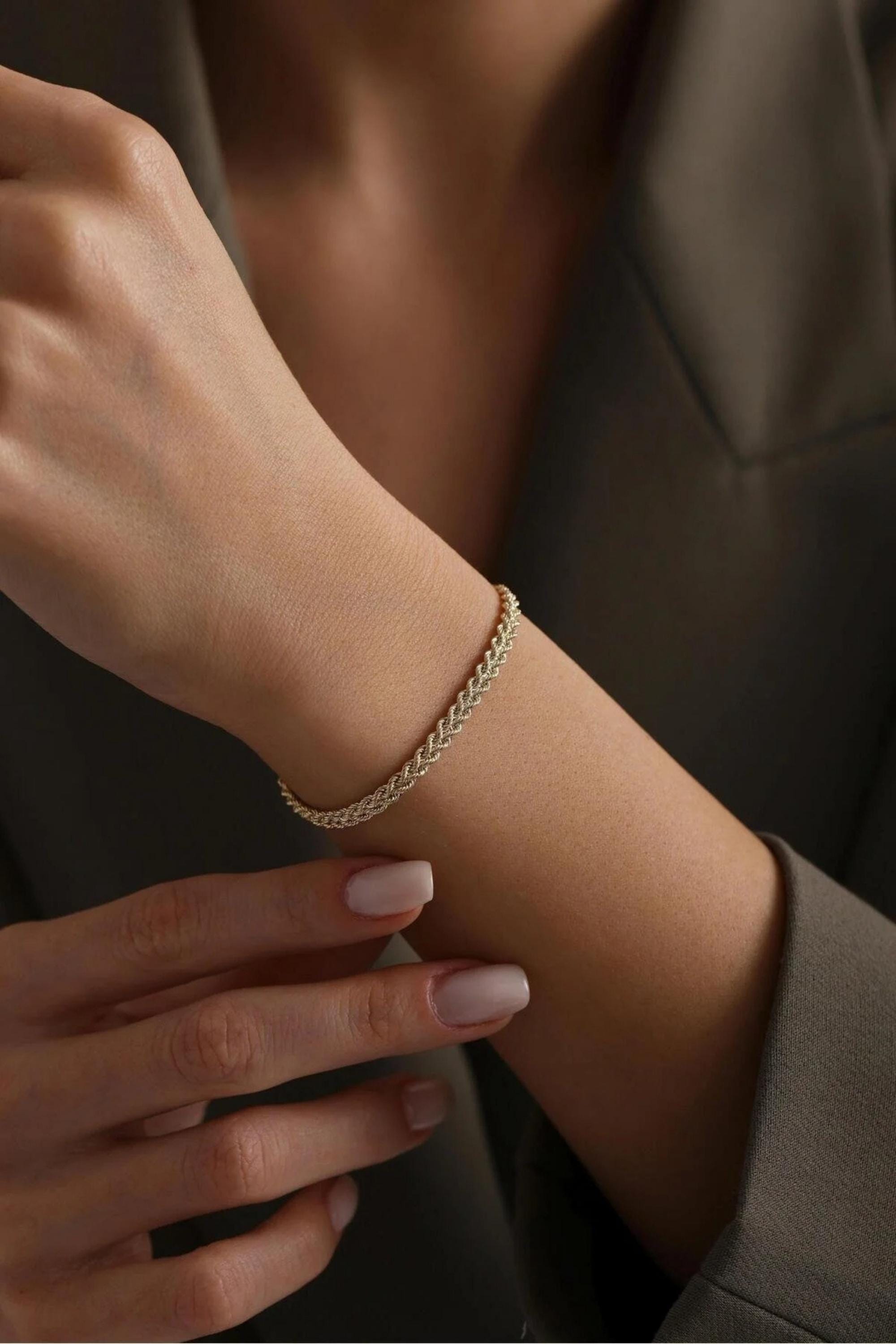 14K Gold 4mm Rope Bracelet, Chunky Gold Bracelet, Minimalist Everyday Jewelry, Stackable Gold Rope Bracelet, Gift for Her