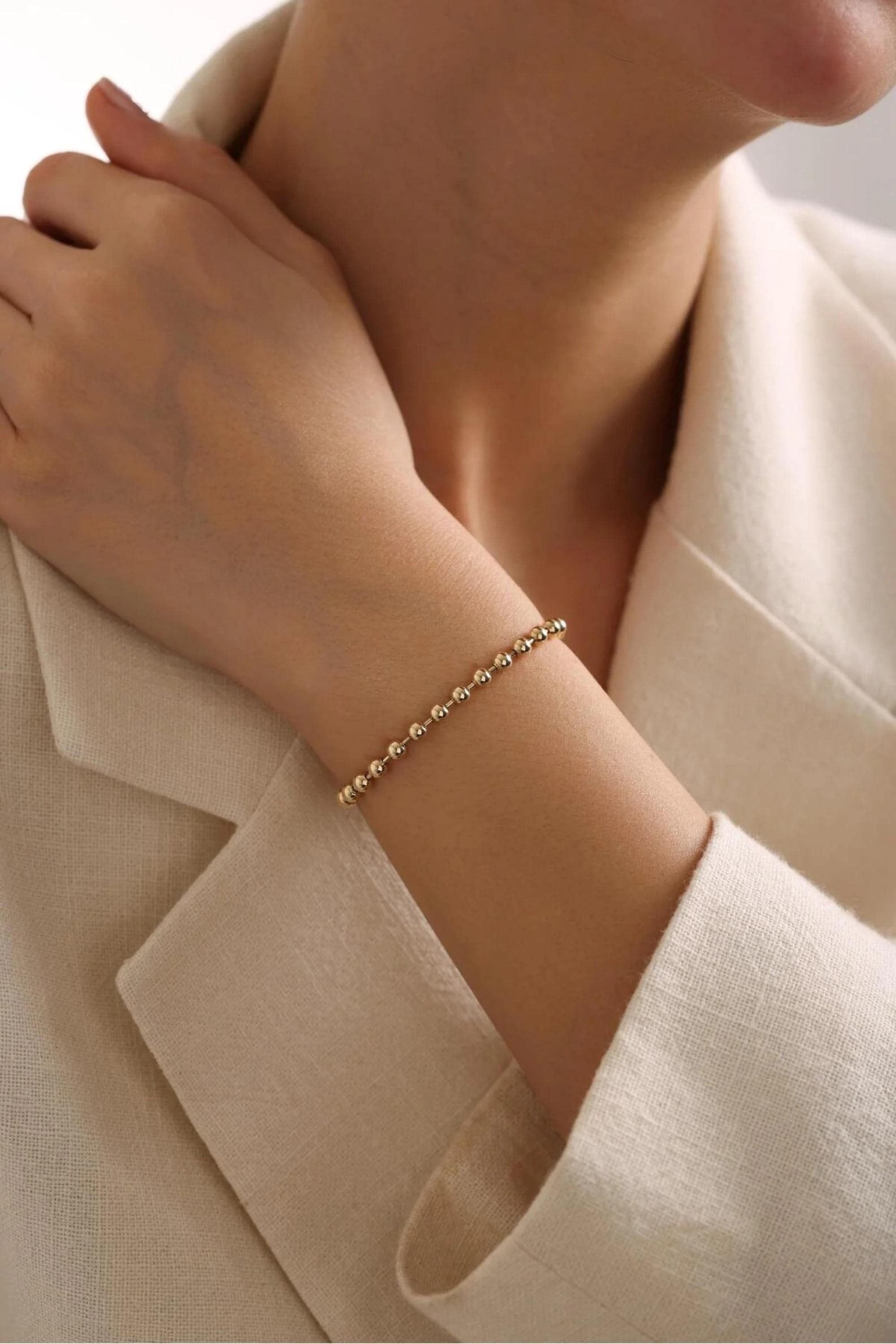 14K Gold 4mm Beaded Chain Bracelet, Dainty Gold Bracelet, Minimalist Everyday Jewelry, Stackable Gold Bead Bracelet, Gift for Her