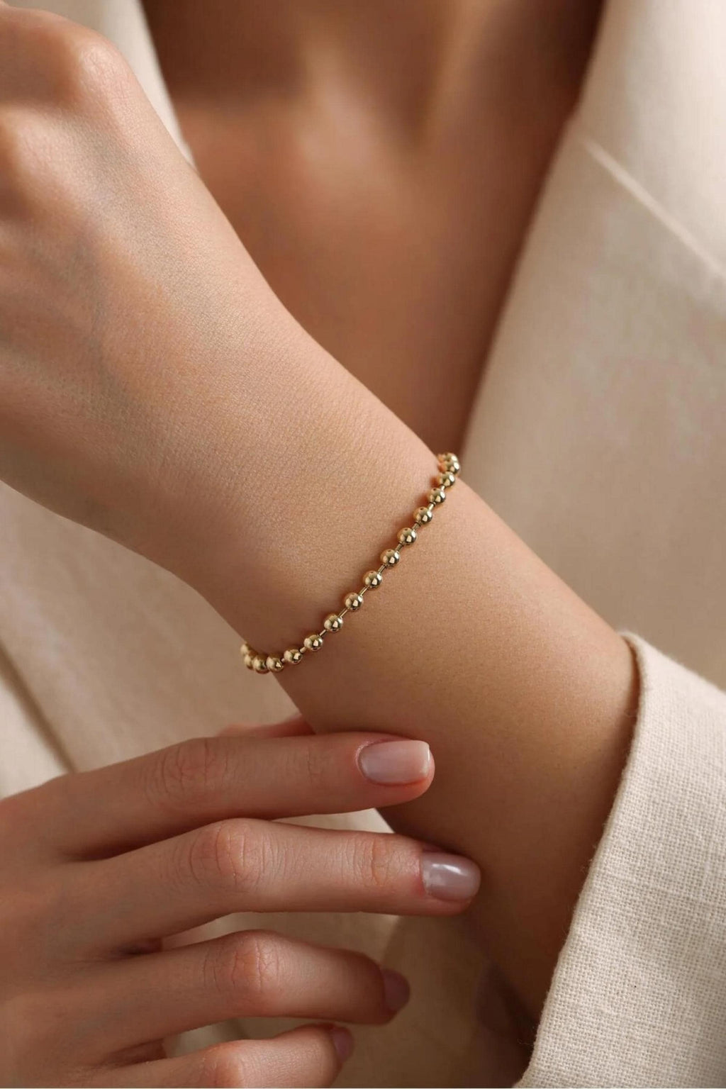 14K Gold 4mm Beaded Chain Bracelet, Dainty Gold Bracelet, Minimalist Everyday Jewelry, Stackable Gold Bead Bracelet, Gift for Her